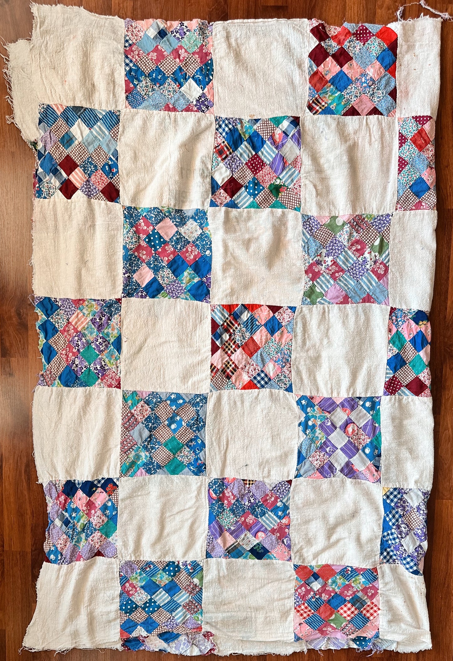 Depression Era Patchwork Scrap Utility Quilt Top With Repurposed Industrial Sack Borders