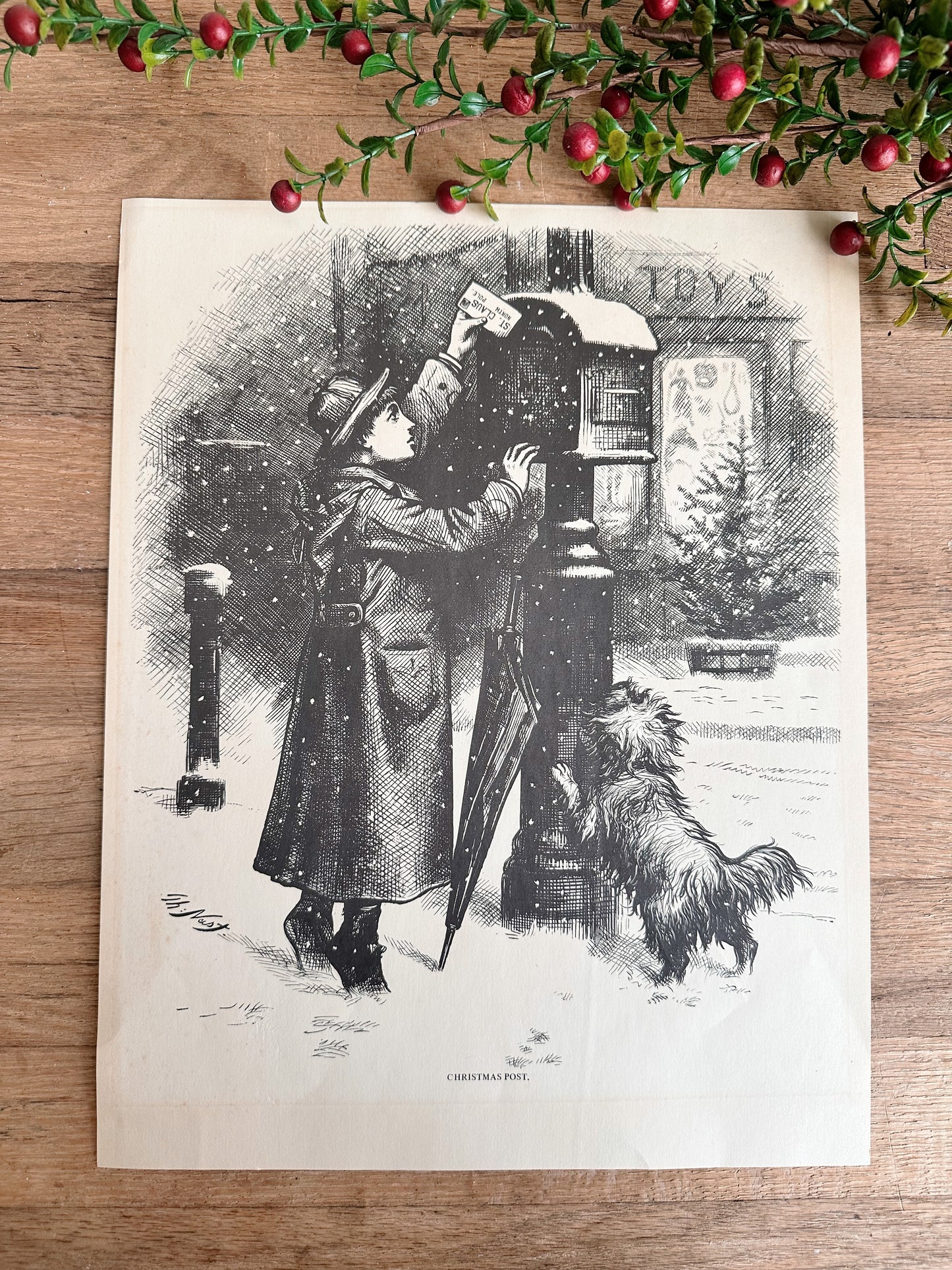 Vintage Etching Print, Christmas Post