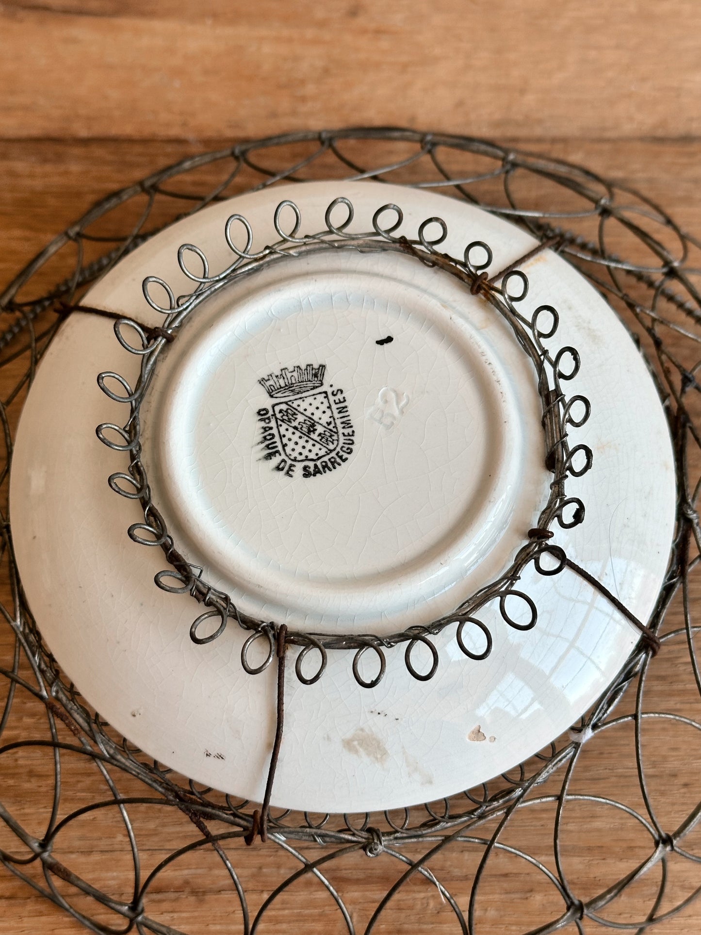 Antique French Wire Basket with French Hand Painted Opaque De Sarreguemines Porcelain Bottom