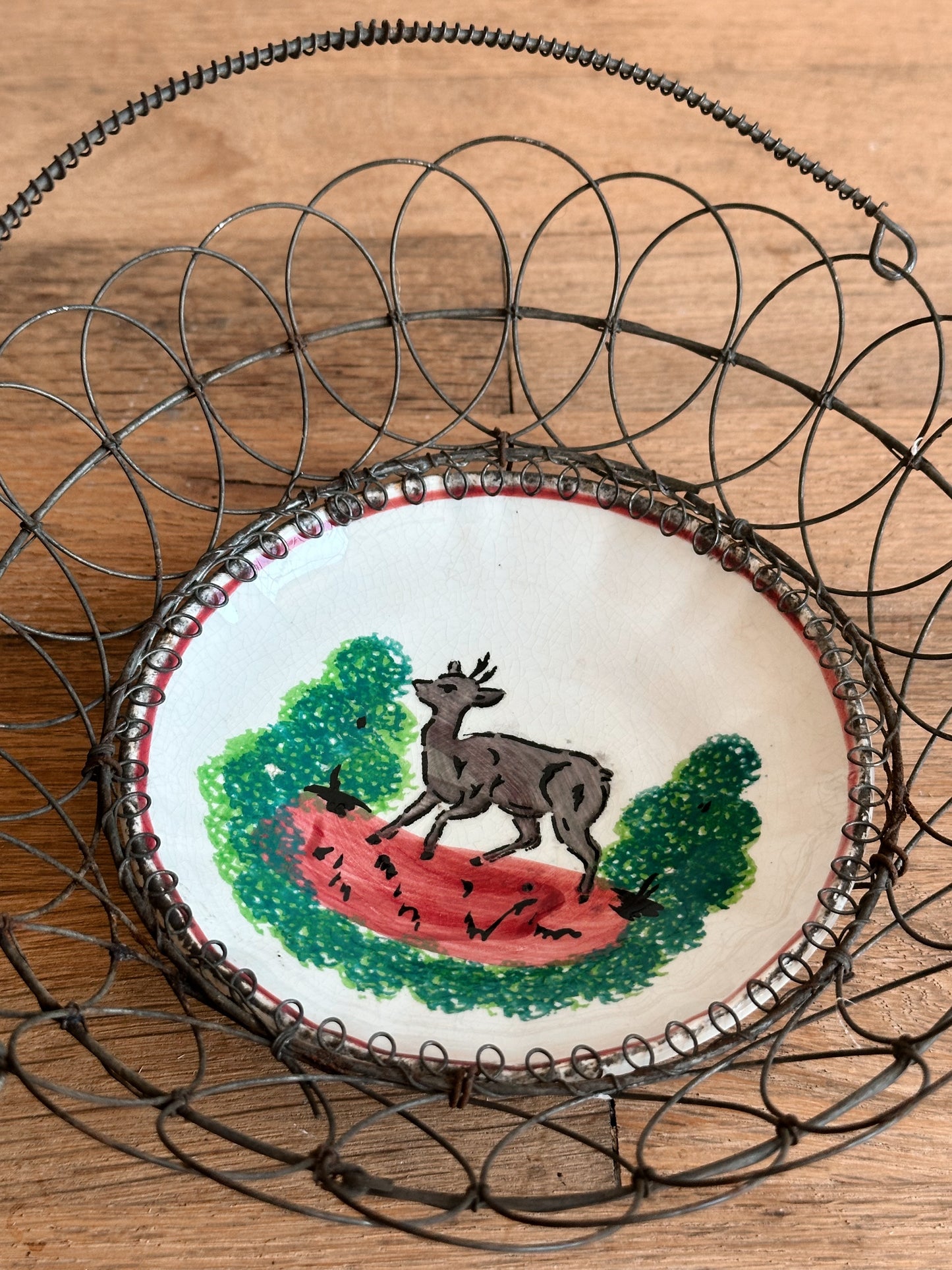 Antique French Wire Basket with French Hand Painted Opaque De Sarreguemines Porcelain Bottom