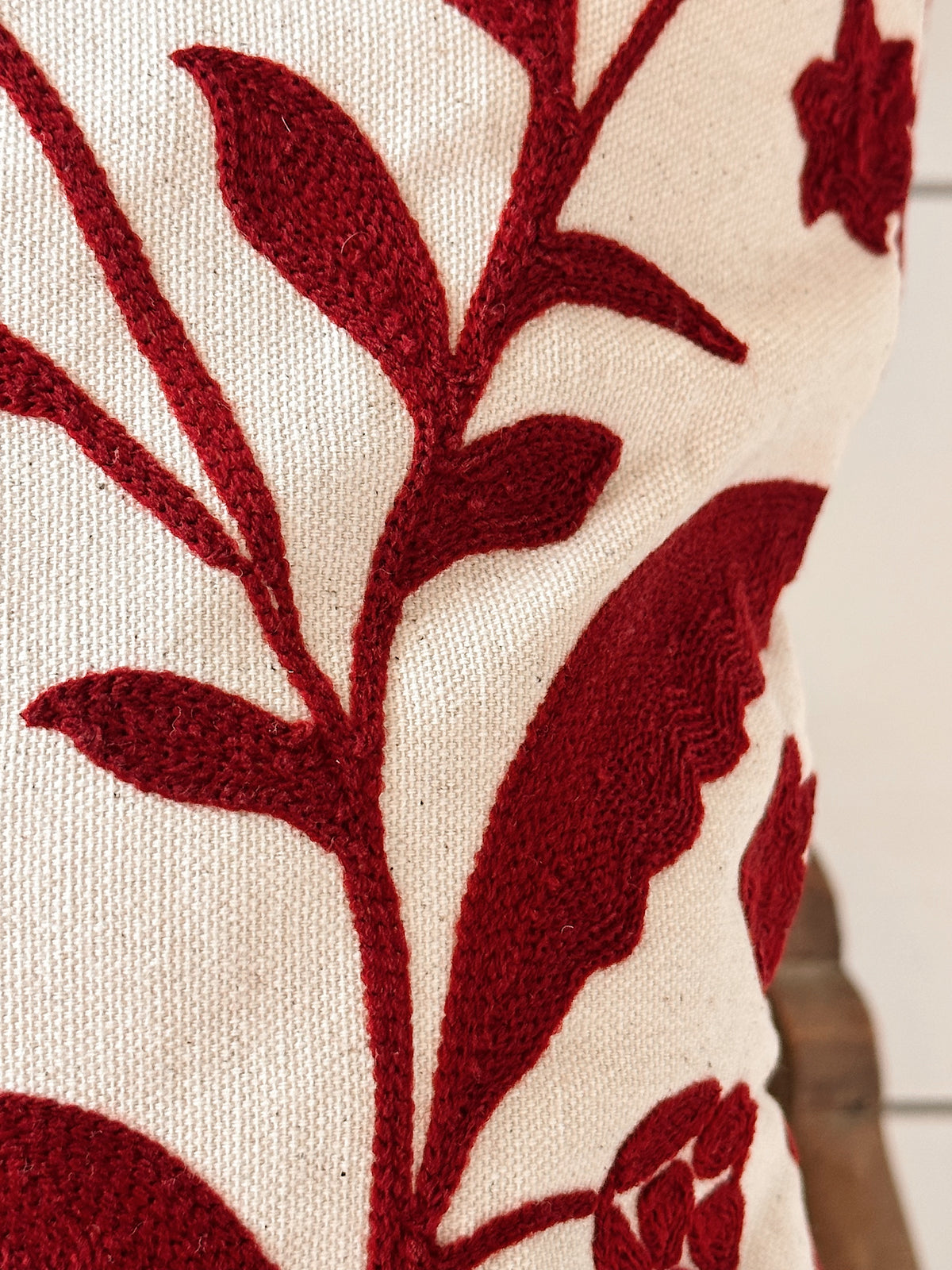 Ruby Red Crewelwork Floral Pillow