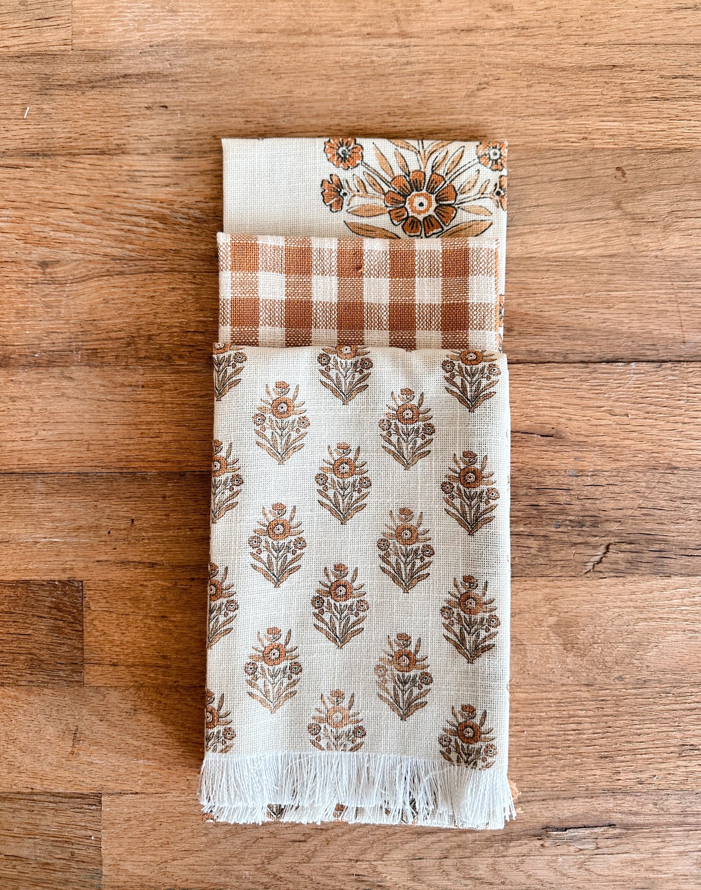 Set of Three Block Print and Gingham Tea Towels (pumpkin)