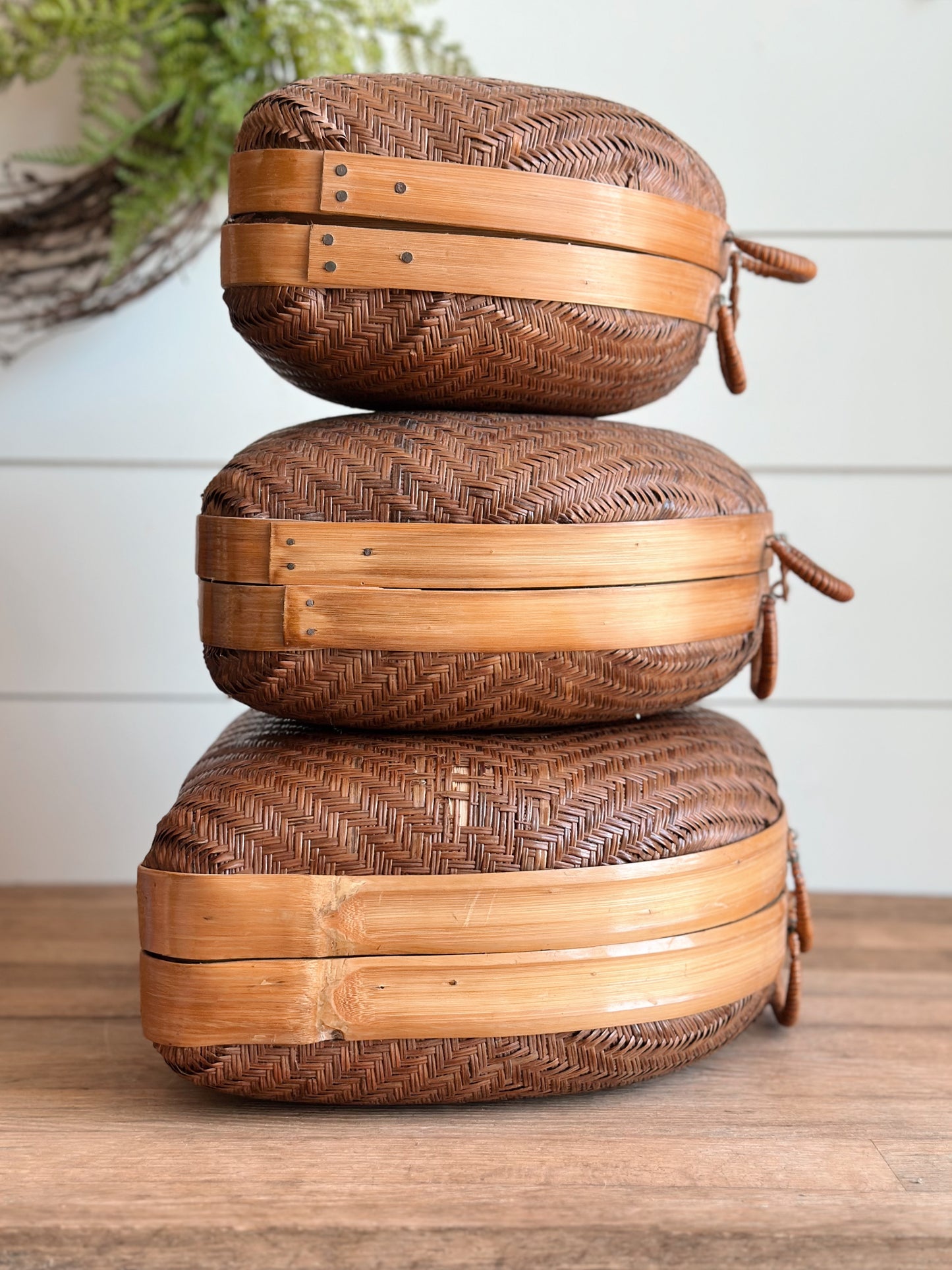 Set of Three Vintage Nesting Rattan & Bamboo Baskets