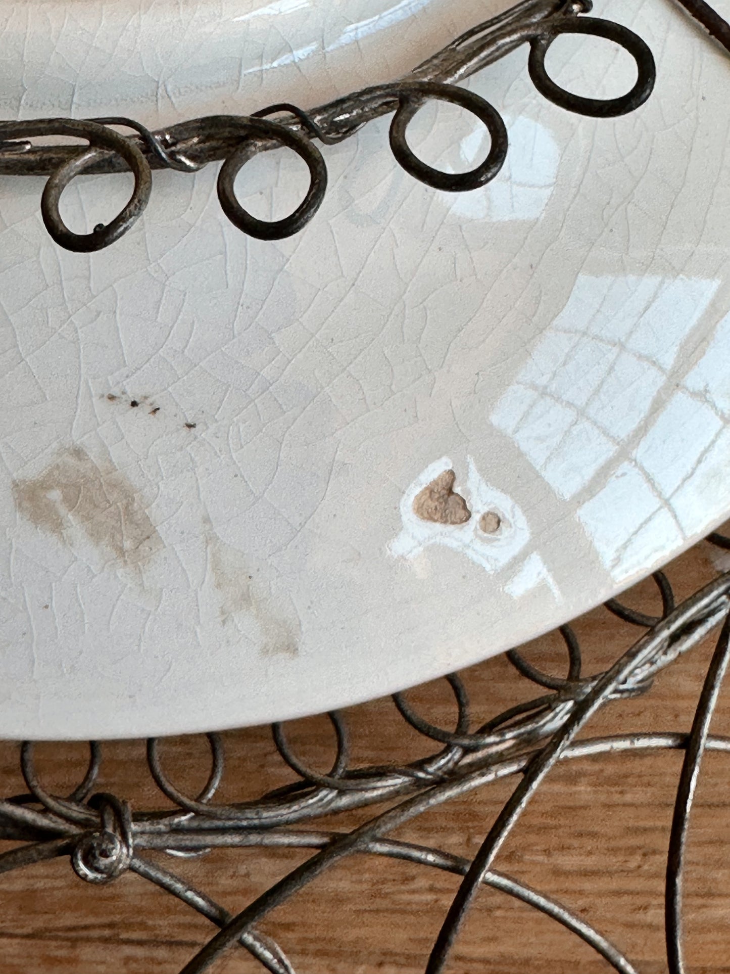 Antique French Wire Basket with French Hand Painted Opaque De Sarreguemines Porcelain Bottom