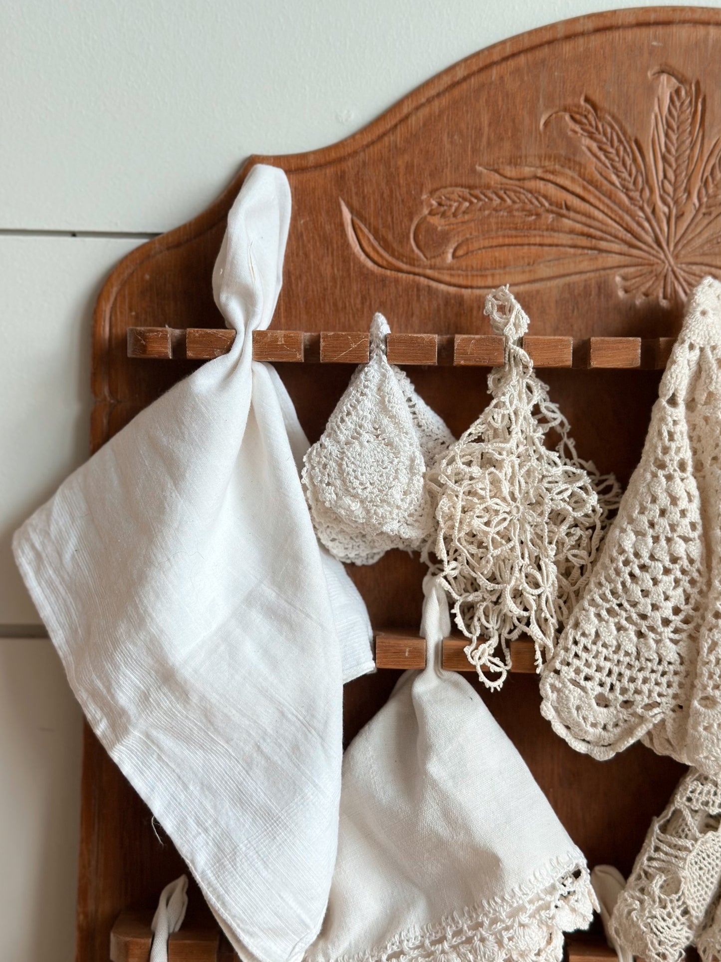 Vintage Wooden Spoon Holder & Hankie Collection