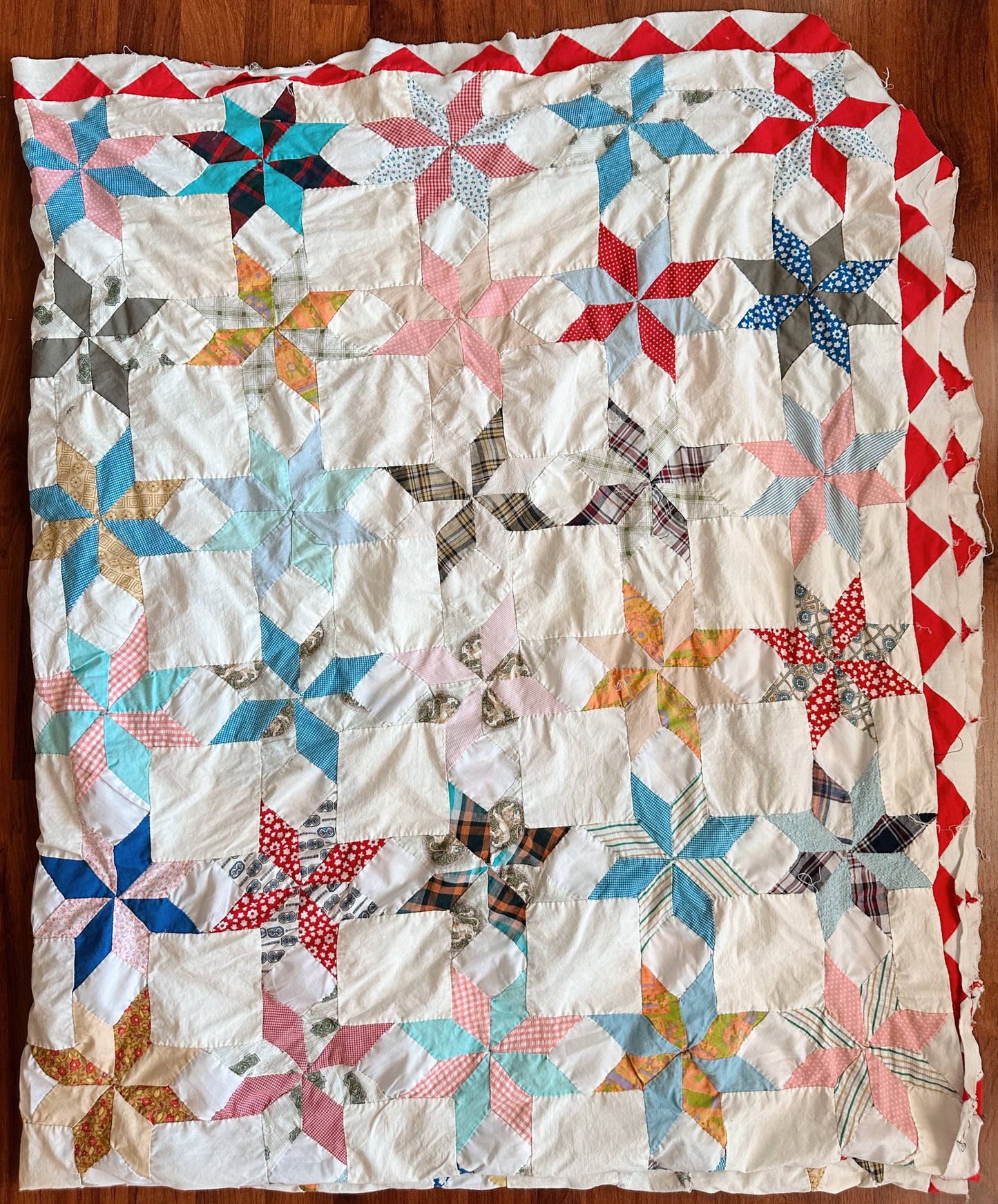 Vintage Hand Pieced 8-Point Star Quilt Top