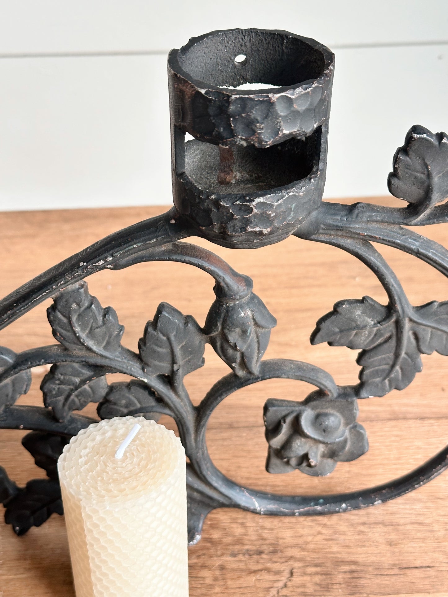 Repurposed Vintage Candle Holder with Beeswax Candle
