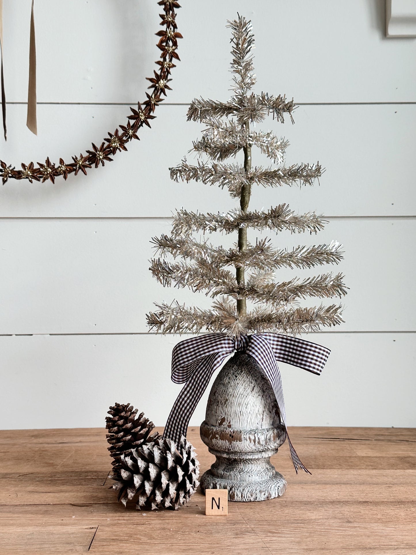 Vintage Wood Finial Tinsel Tree