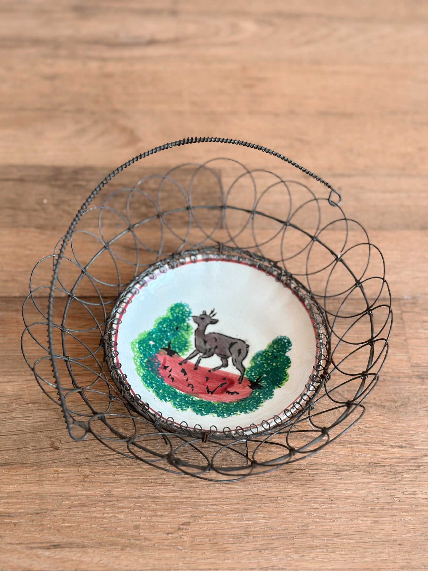 Antique French Wire Basket with French Hand Painted Opaque De Sarreguemines Porcelain Bottom