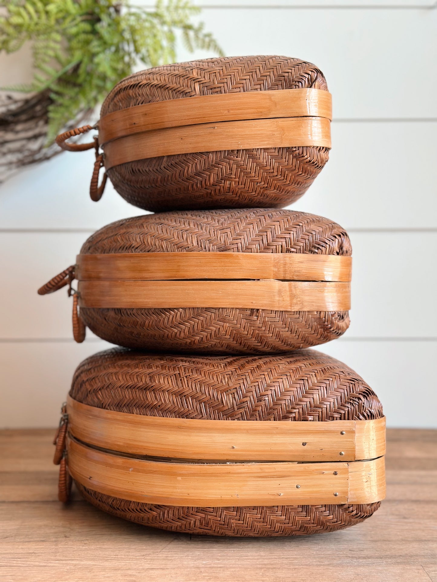 Set of Three Vintage Nesting Rattan & Bamboo Baskets
