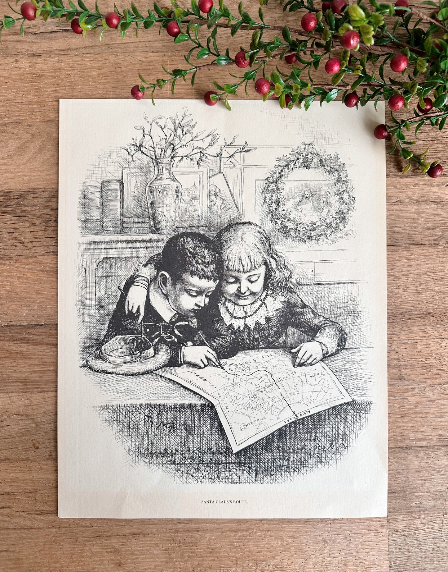 Vintage Etching Print, Santa Claus’s Route