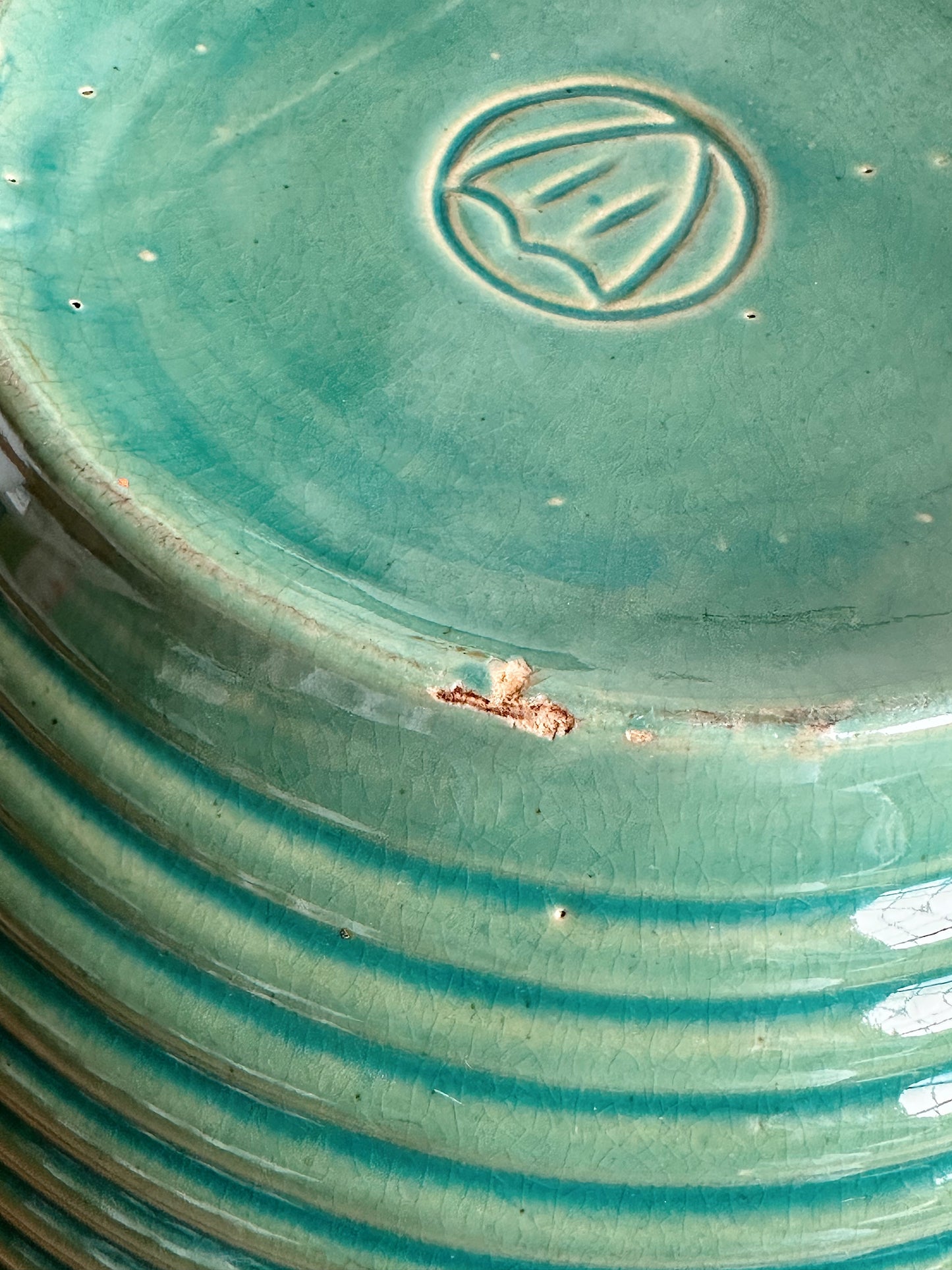 Big Beautiful Vintage Green Ribbed Stoneware Bowl