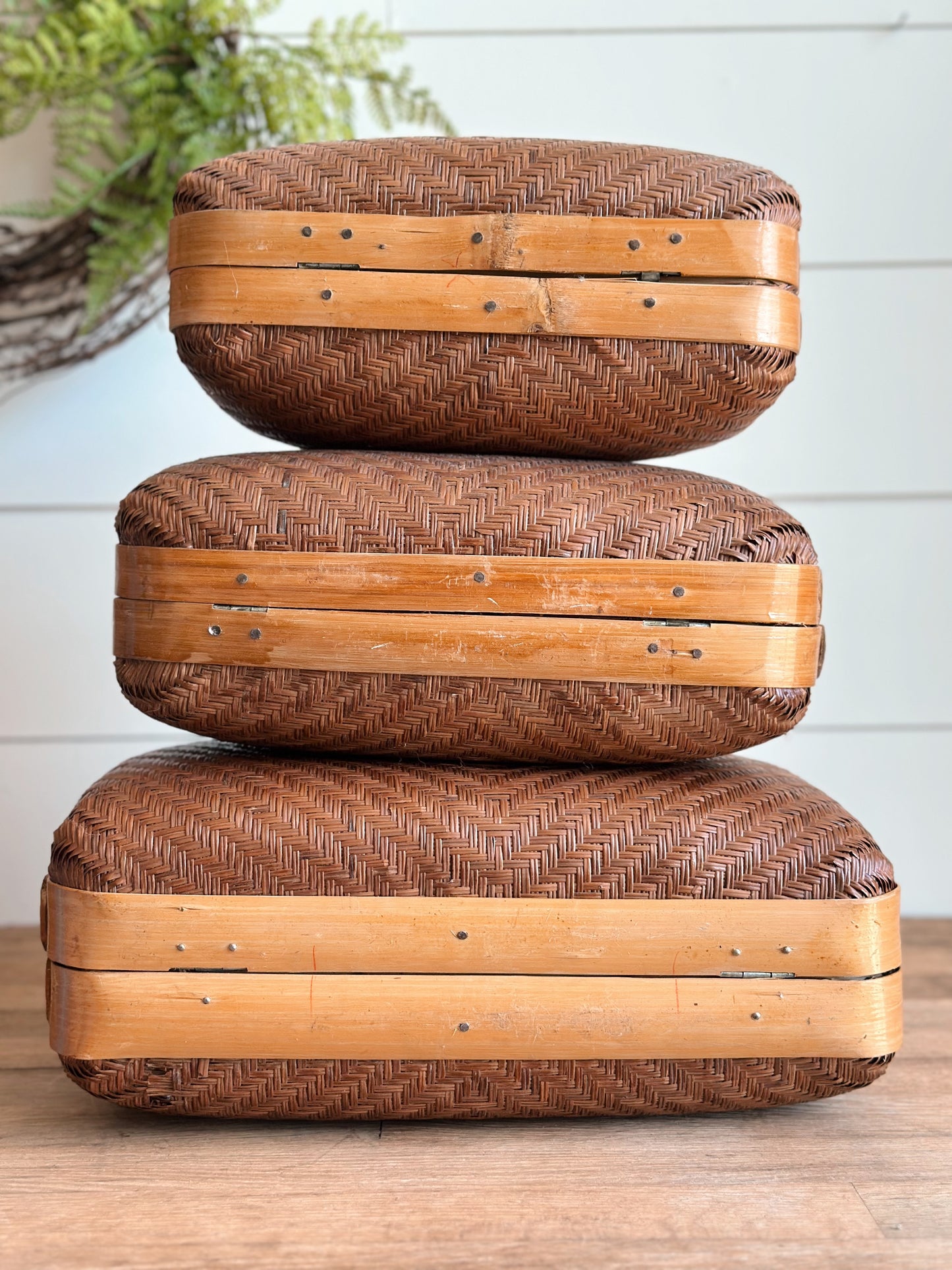 Set of Three Vintage Nesting Rattan & Bamboo Baskets