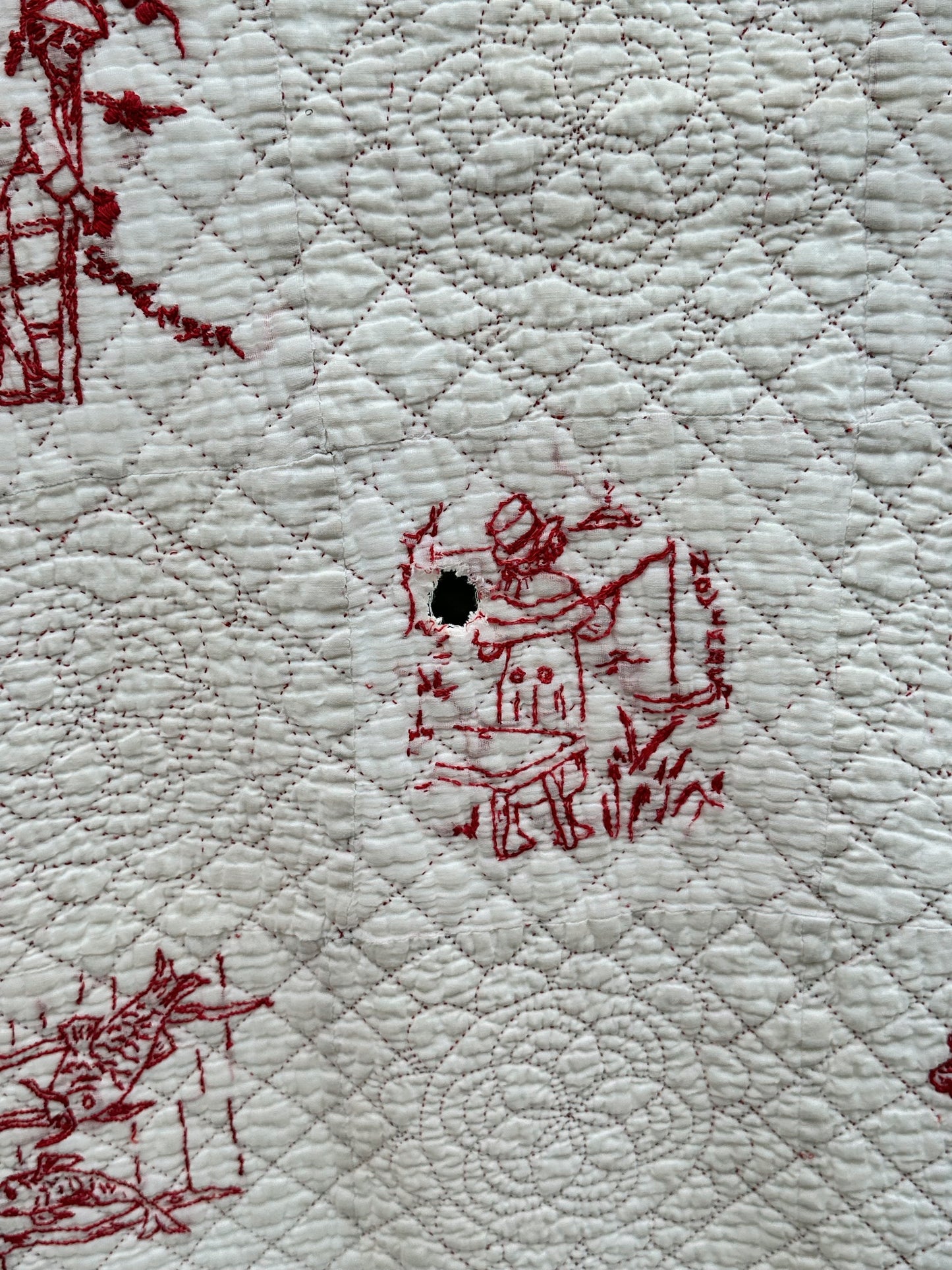 Antique Early 20th Century Redwork Embroidered Hand-Quilted Quilt