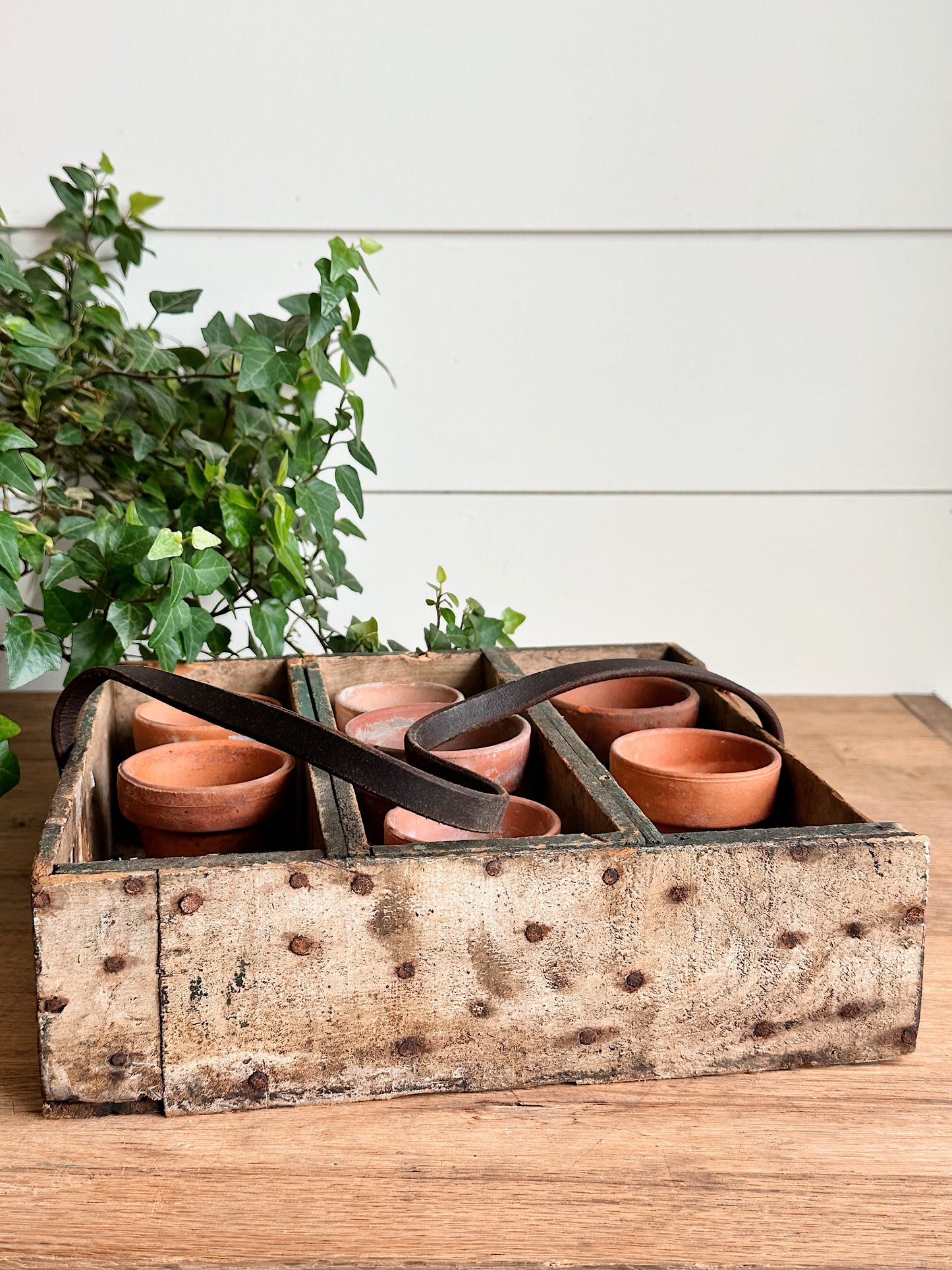 Vintage Handmade Wood Caddy & Pots
