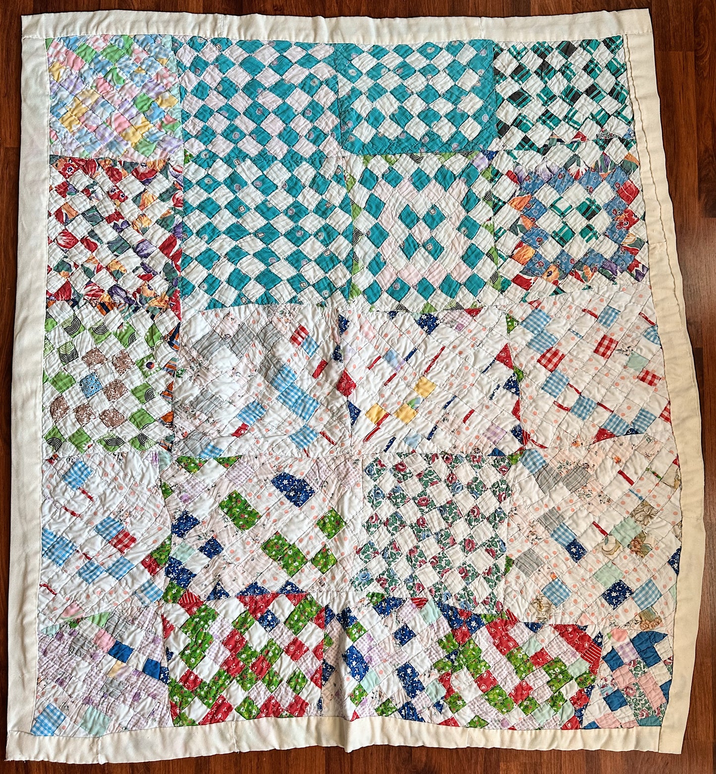 Vintage Hand Stitched Postage Stamp Patchwork Crib Quilt
