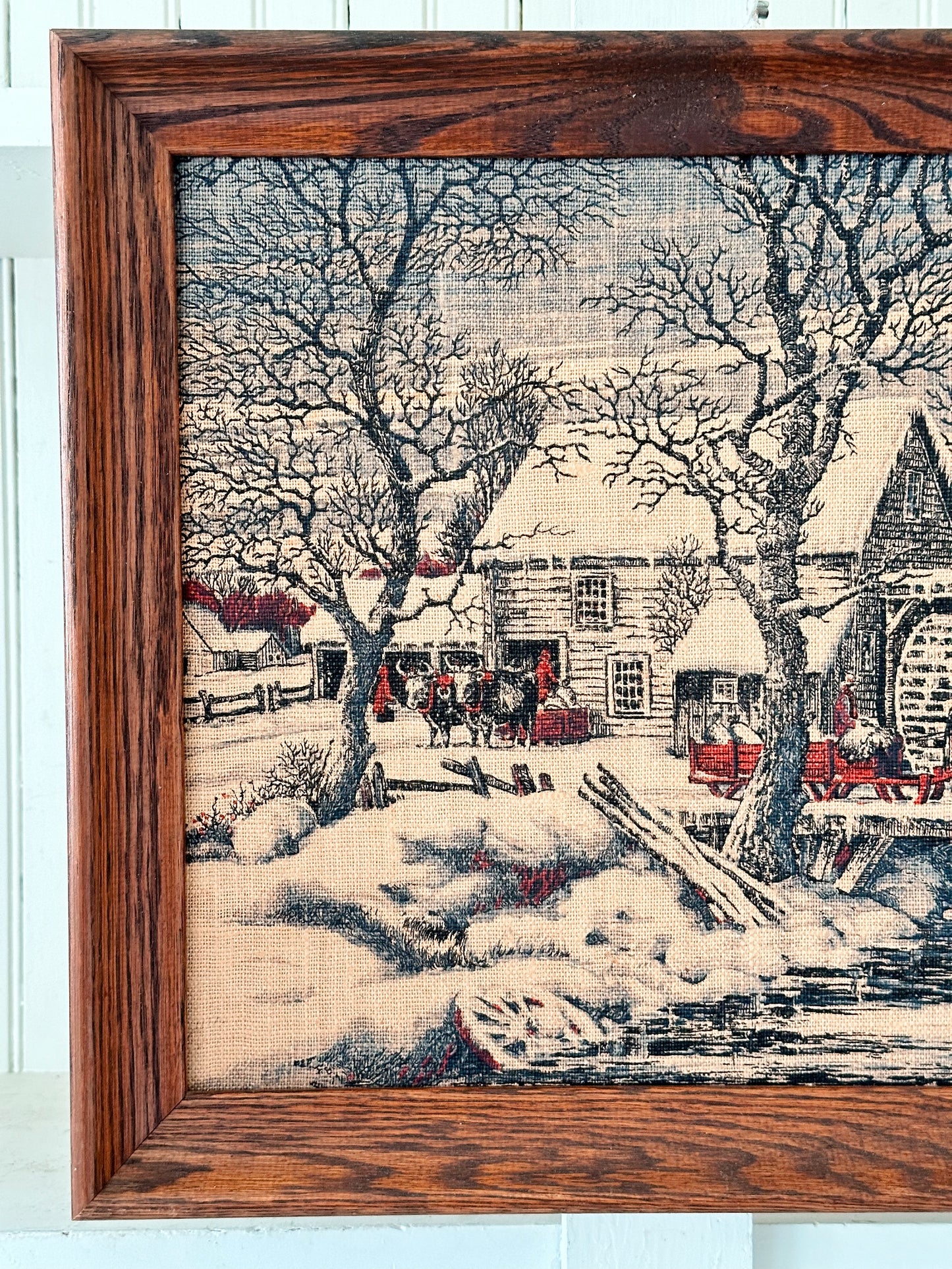 Vintage Framed Kay Dee Linen Wall Hanging, Winter Barn