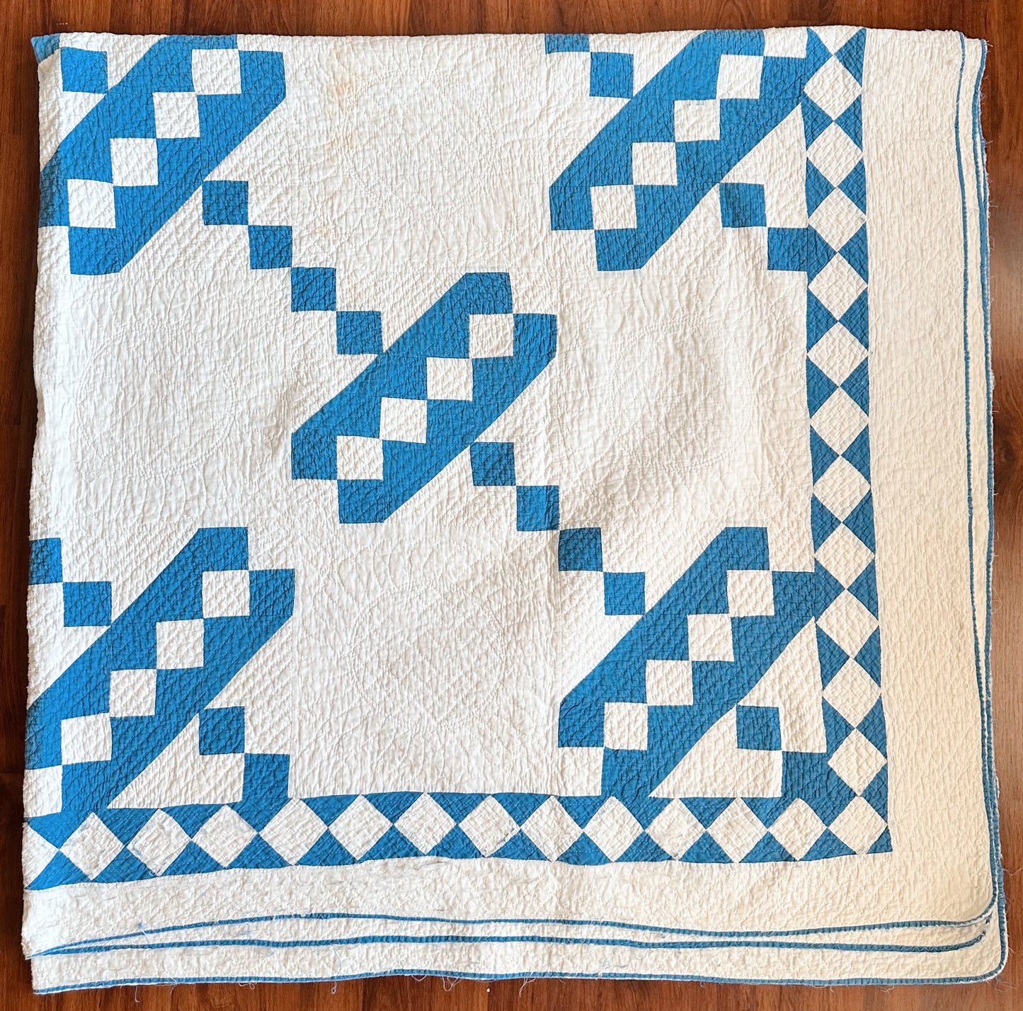 Antique Blue & White Roman Stripe Quilt, Hand Pieced & Hand Quilted
