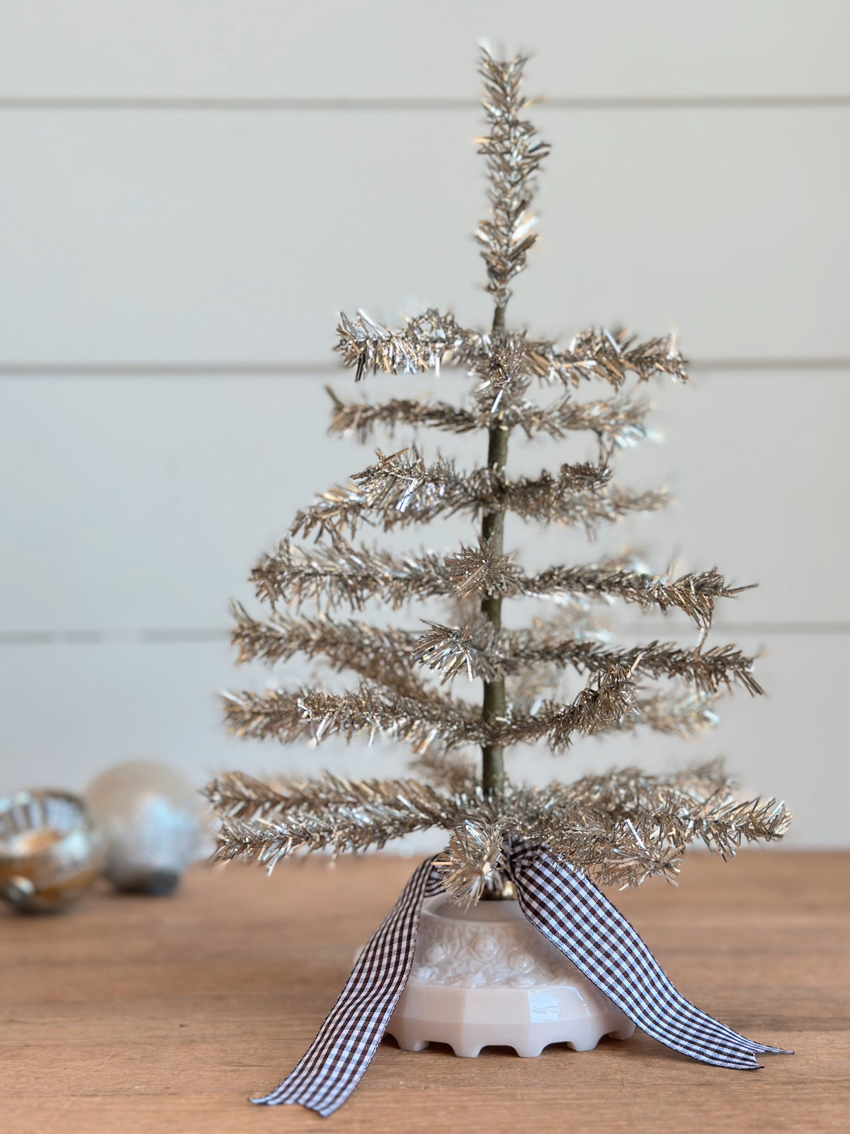 Vintage Pink Milk Glass Lamp Base Tinsel Tree
