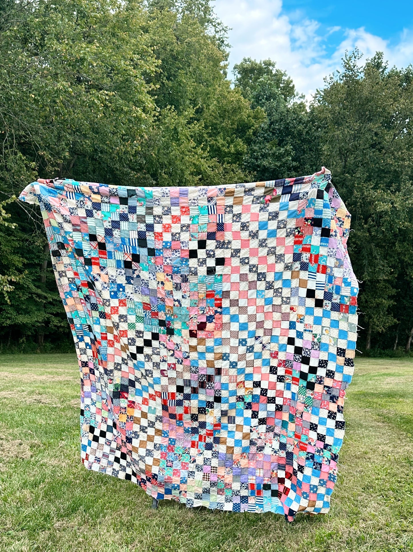 Vintage 1930s–40s Postage Stamp Scrap Quilt Top