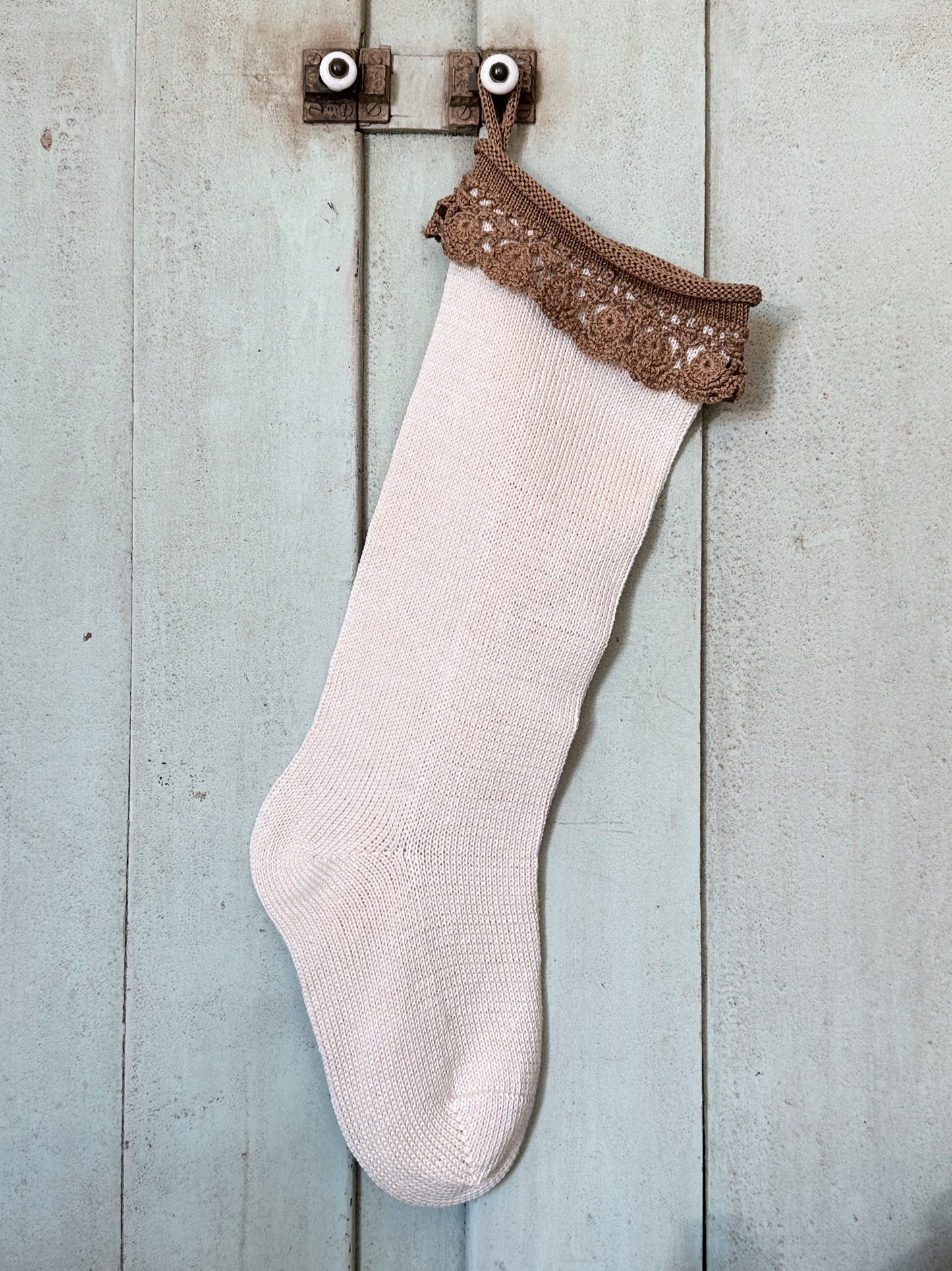 Handmade Crochet Trimmed Stocking (Cocoa)