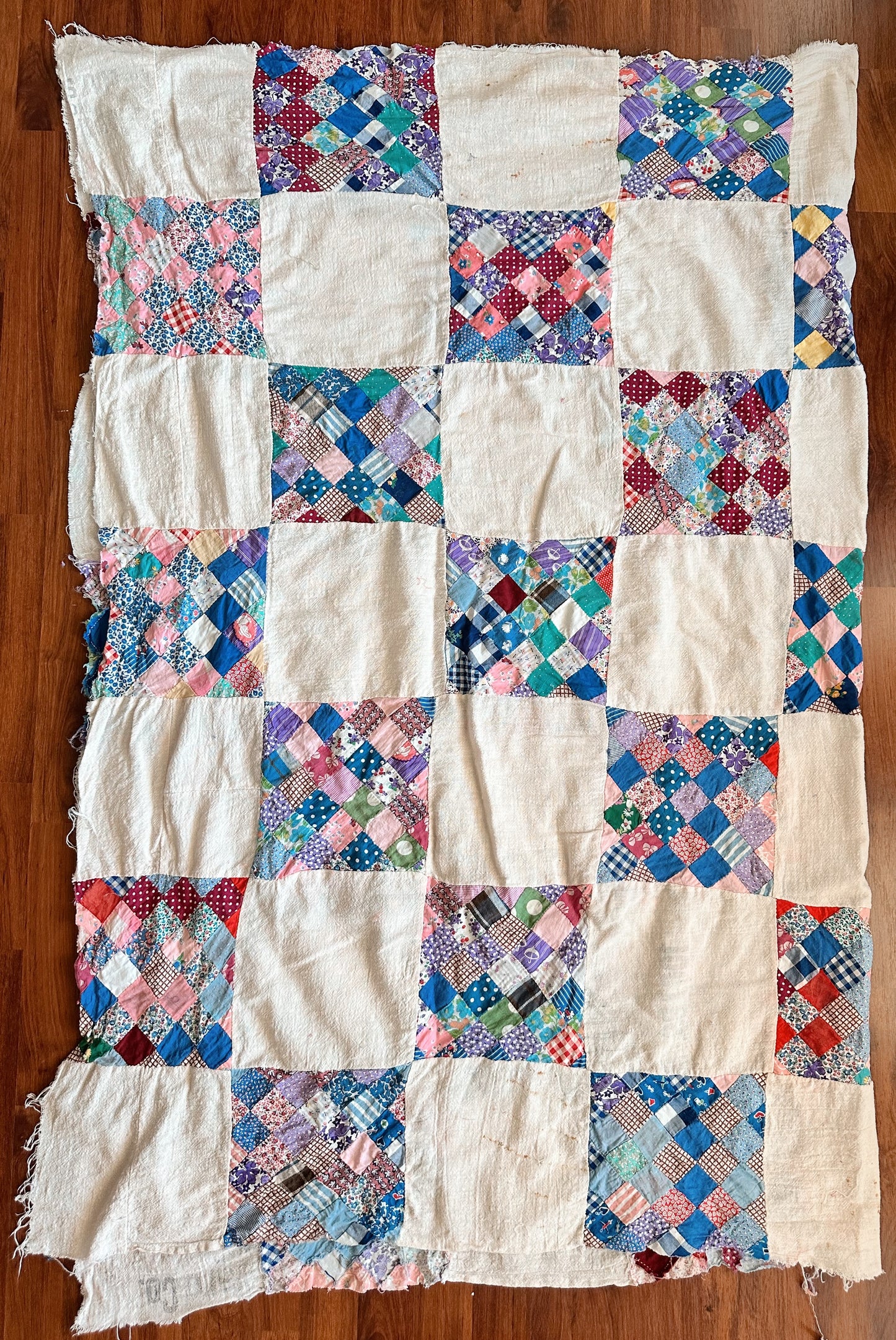 Depression Era Patchwork Scrap Utility Quilt Top With Repurposed Industrial Sack Borders