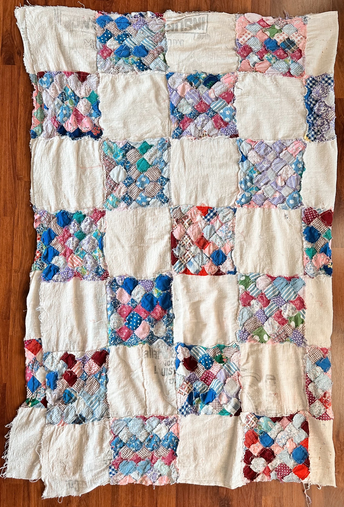 Depression Era Patchwork Scrap Utility Quilt Top With Repurposed Industrial Sack Borders