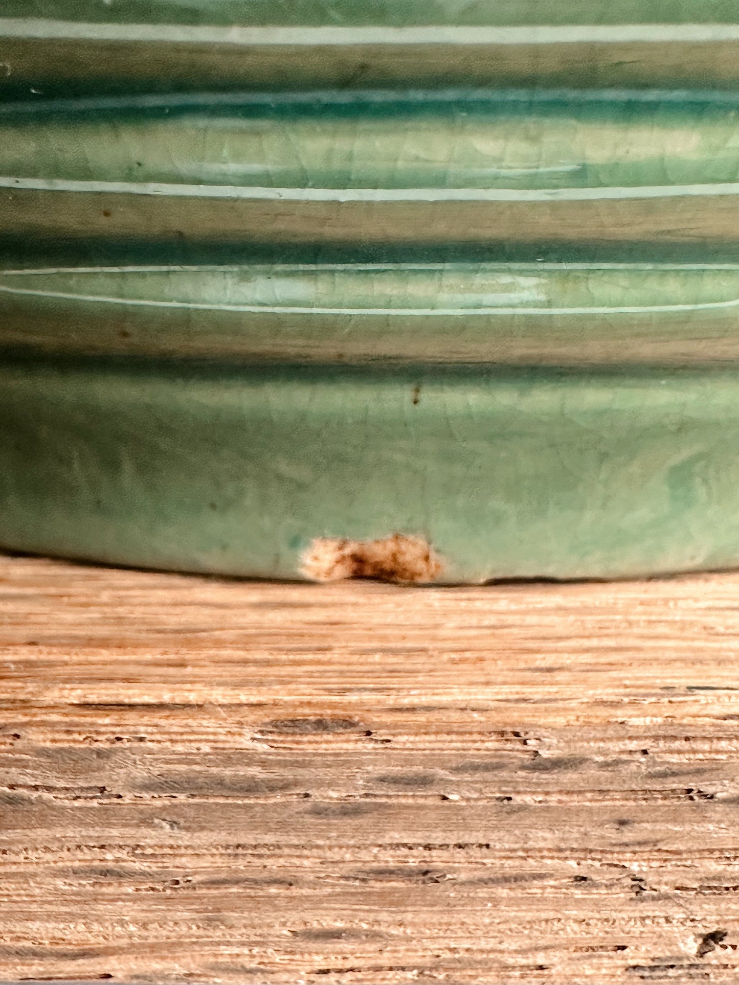 Big Beautiful Vintage Green Ribbed Stoneware Bowl