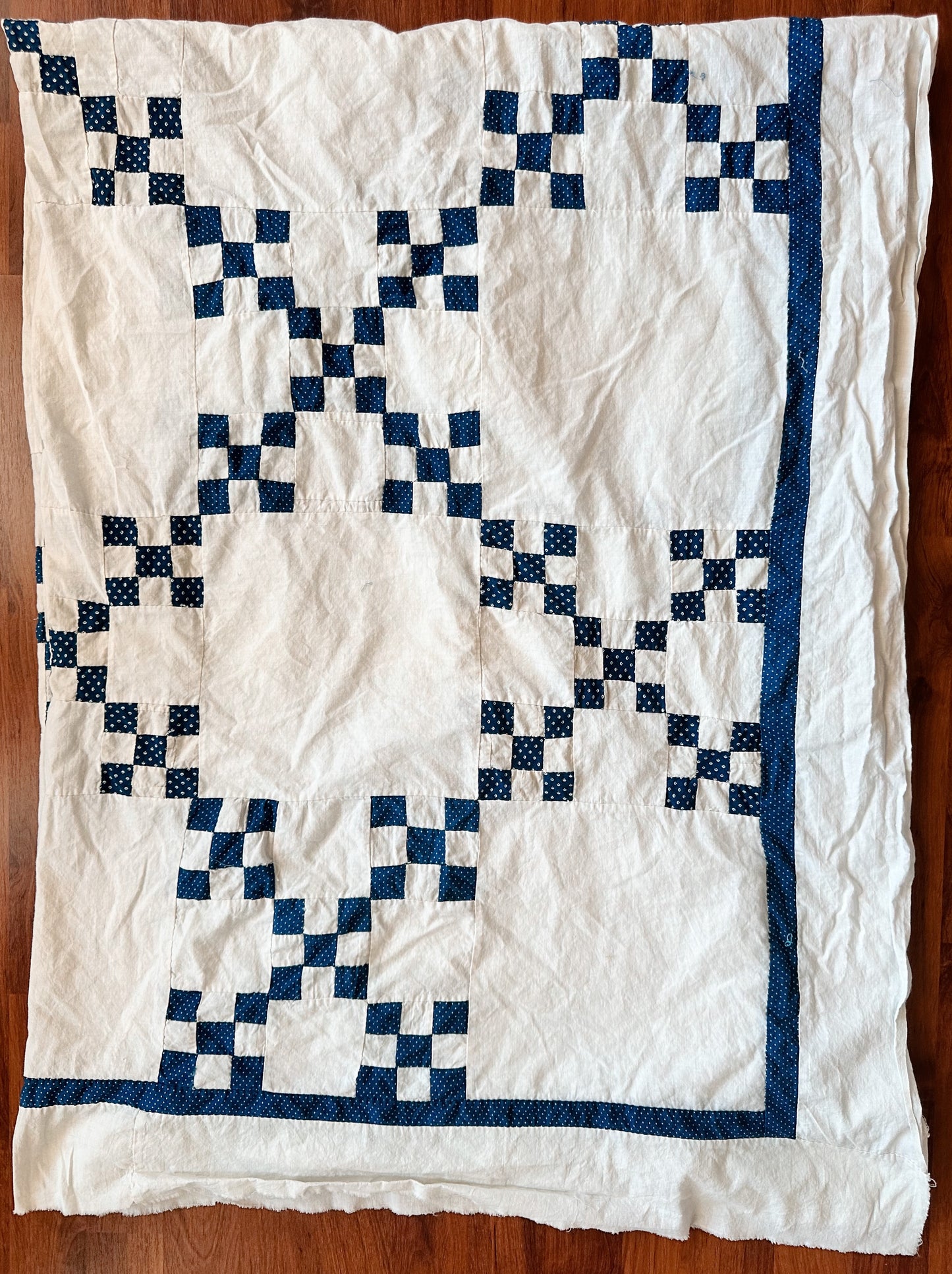 Vintage Hand Stitched Blue & White Double Irish Chain Quilt Top