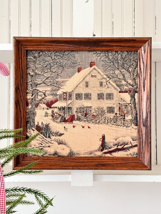 Vintage Framed Kay Dee Linen Wall Hanging, Winter Home