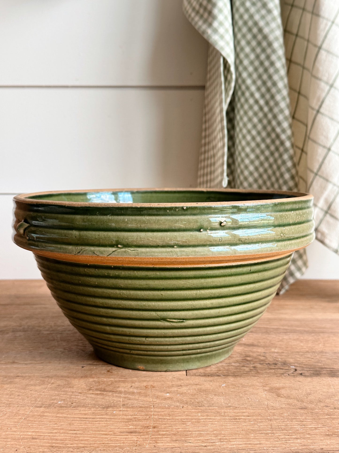 Vintage Green Ribbed Stoneware Mixing Bowl