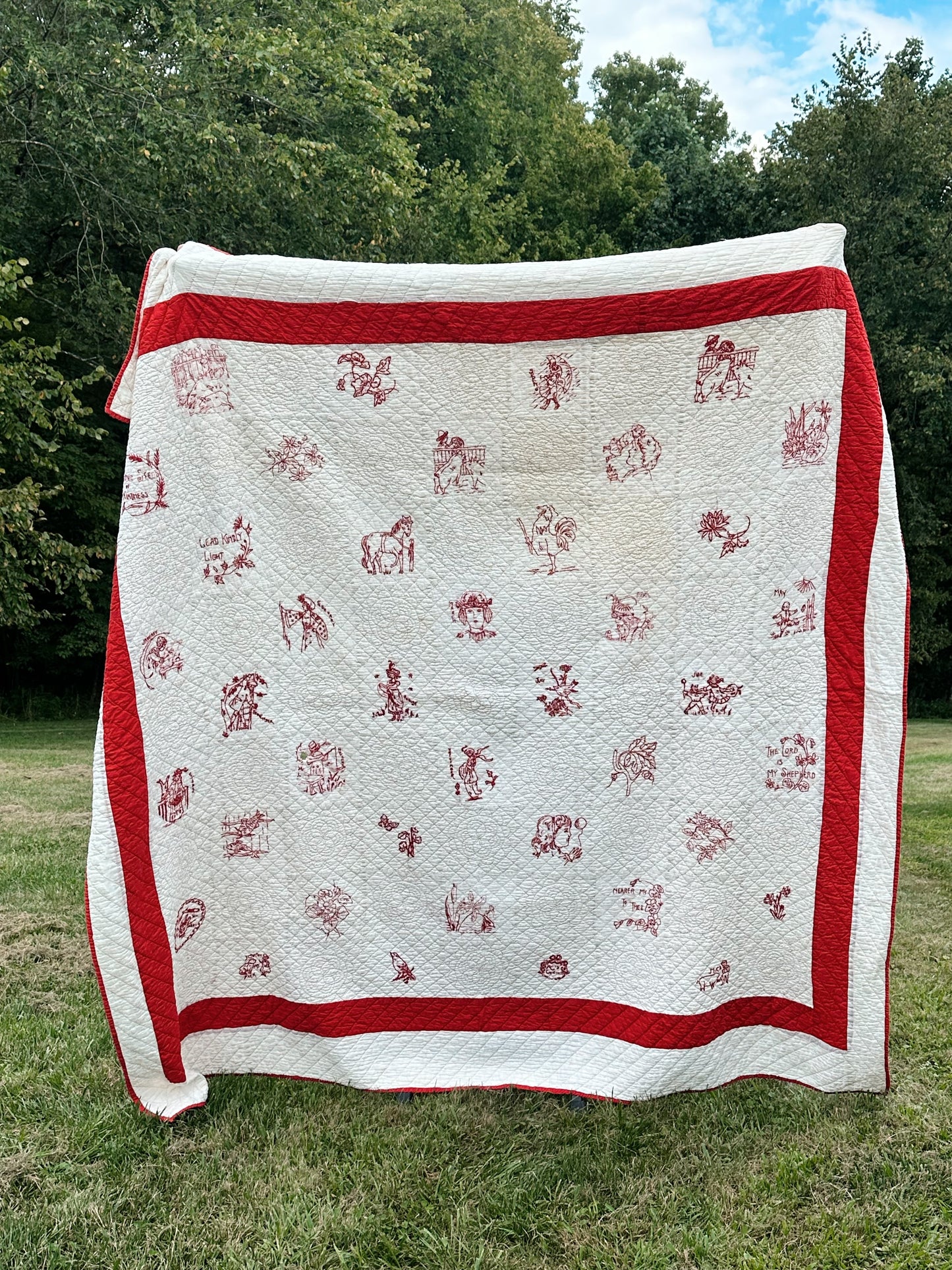 Antique Early 20th Century Redwork Embroidered Hand-Quilted Quilt
