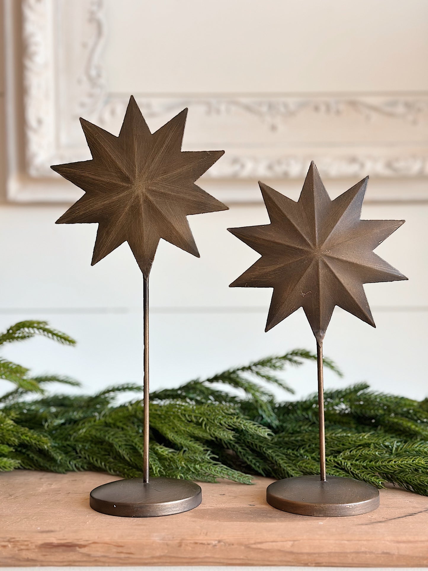 Set of Two Antiqued Brass Star Pedestals