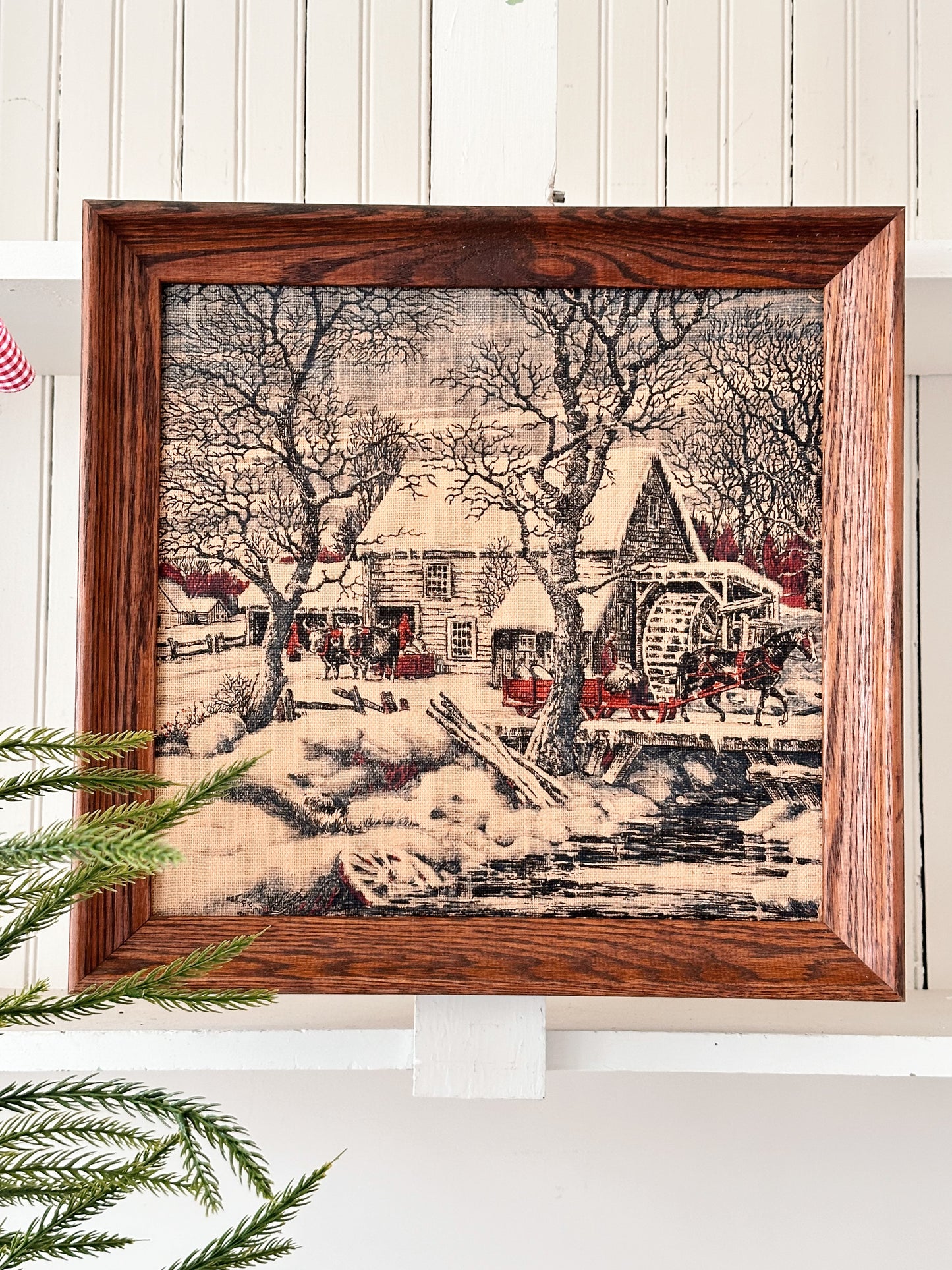 Vintage Framed Kay Dee Linen Wall Hanging, Winter Barn