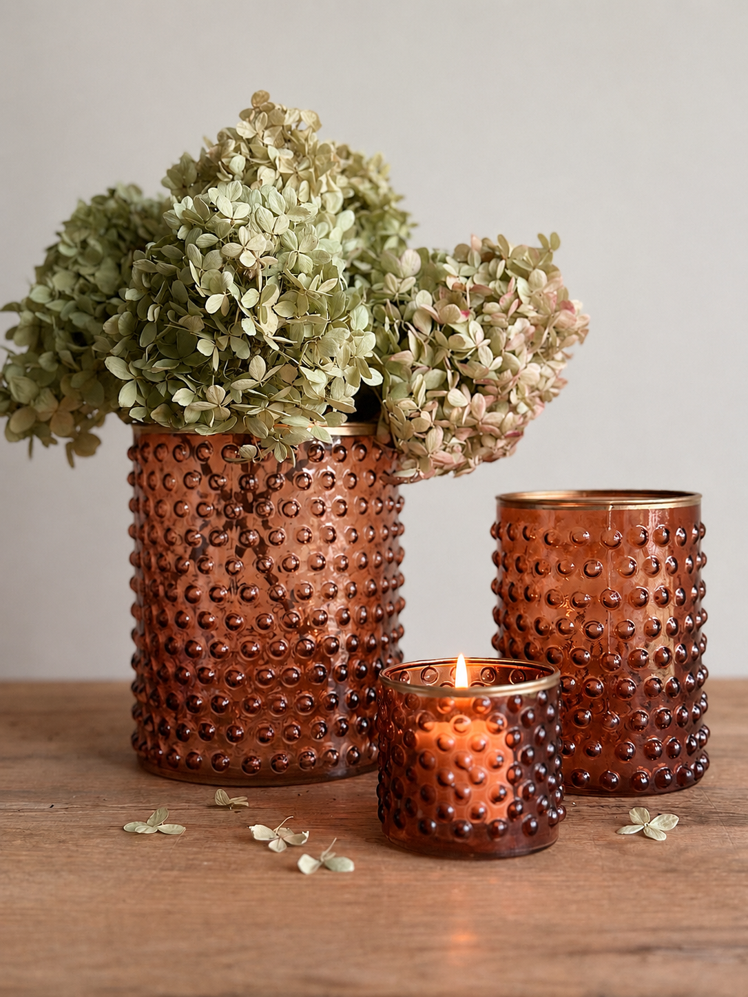 Collection of Brown Glass Hobnail Hurricanes