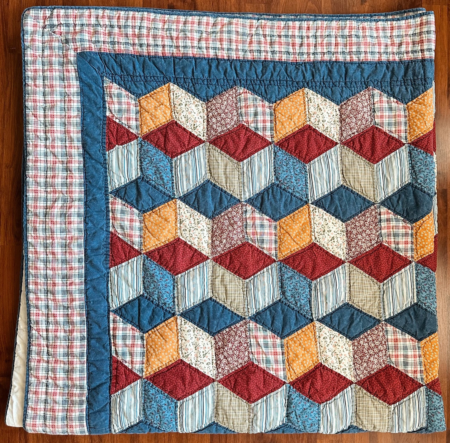 Vintage Hand Quilted Tumbling Blocks Quilt