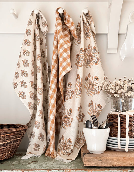 Set of Three Block Print and Gingham Tea Towels (pumpkin)