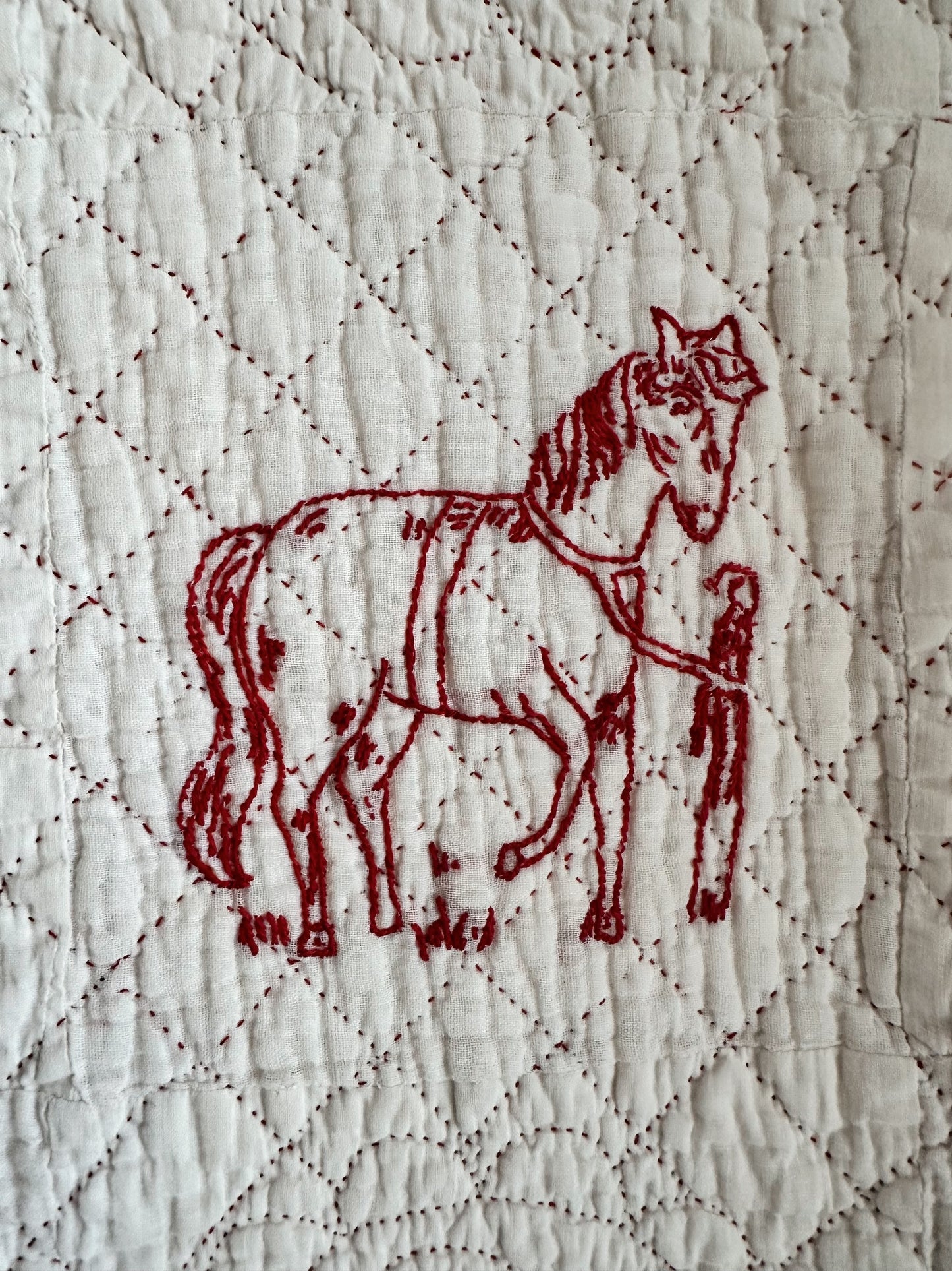 Antique Early 20th Century Redwork Embroidered Hand-Quilted Quilt
