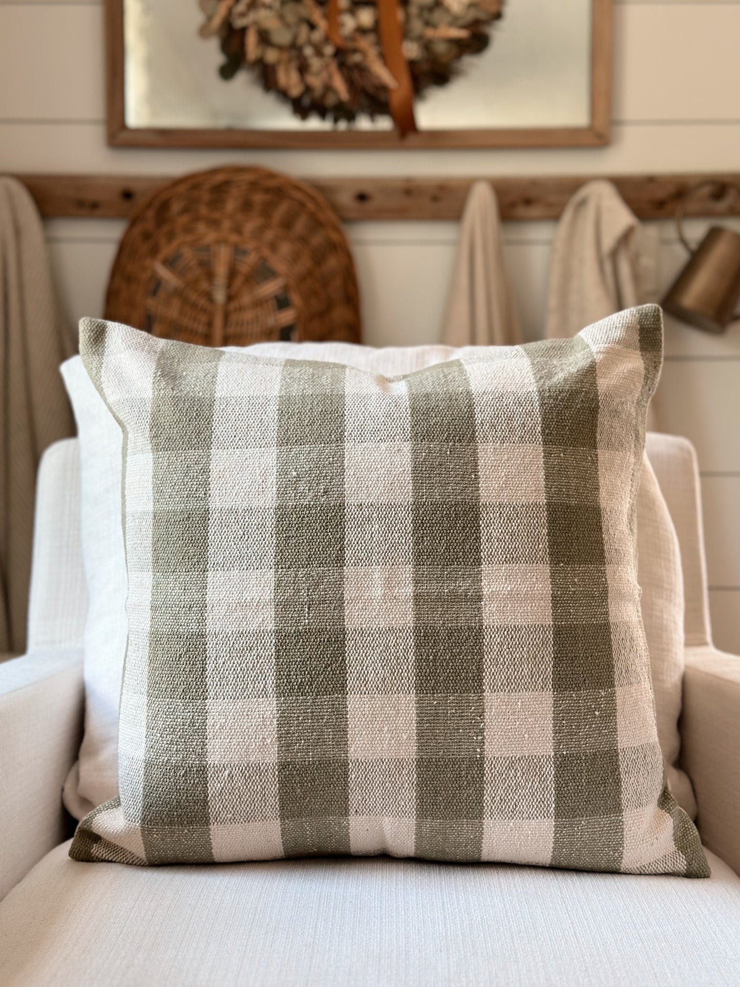 Woven Olive Green Gingham Pillow Cover