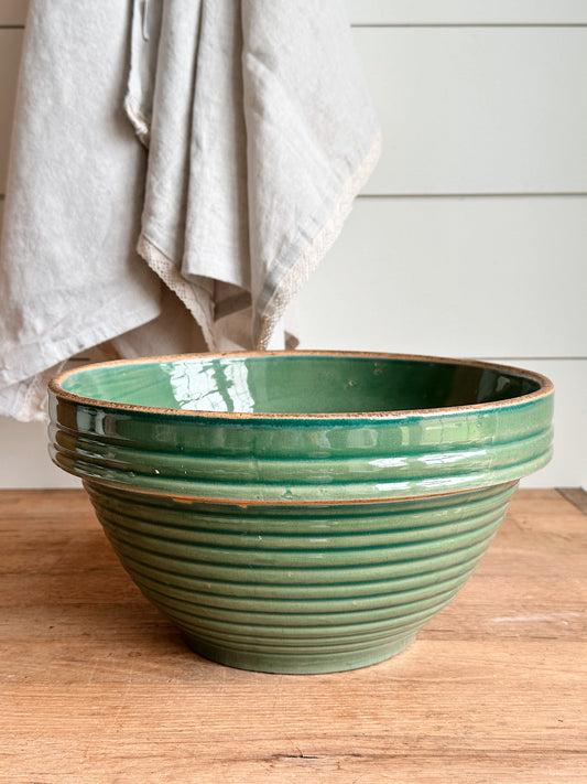 Big Beautiful Vintage Green Ribbed Stoneware Bowl