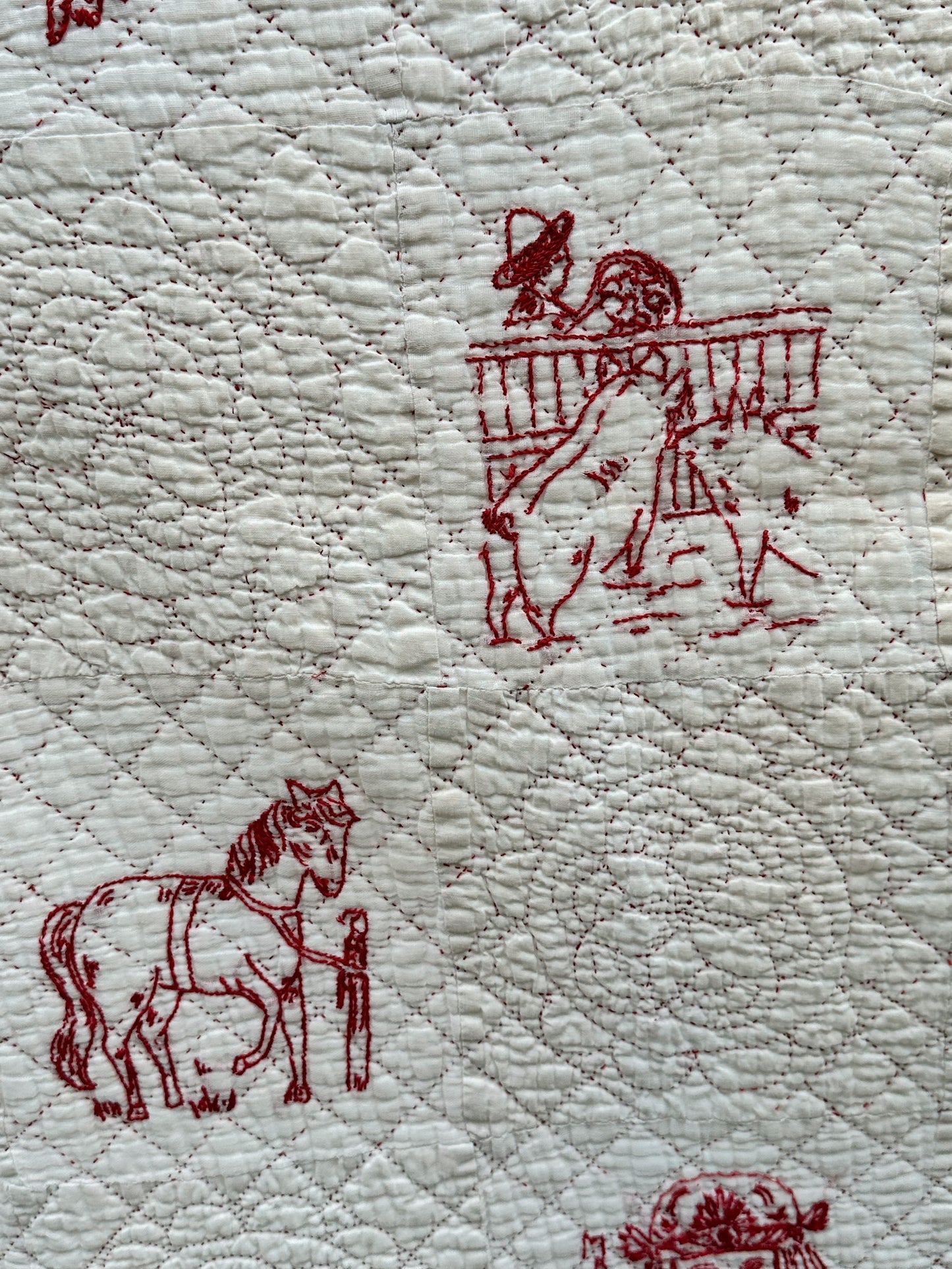 Antique Early 20th Century Redwork Embroidered Hand-Quilted Quilt