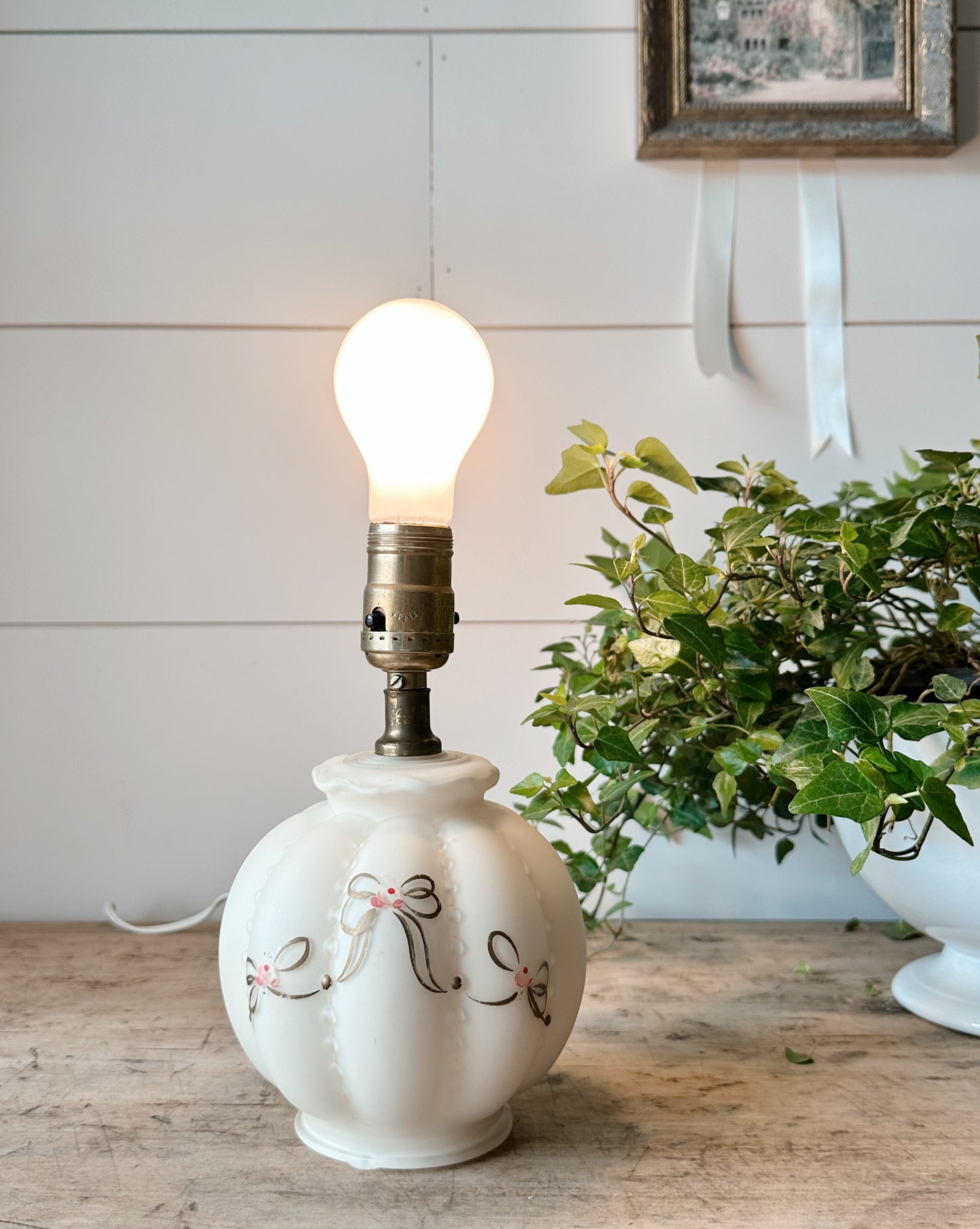 Vintage Glass Lamp with Hand Painted Bow Details