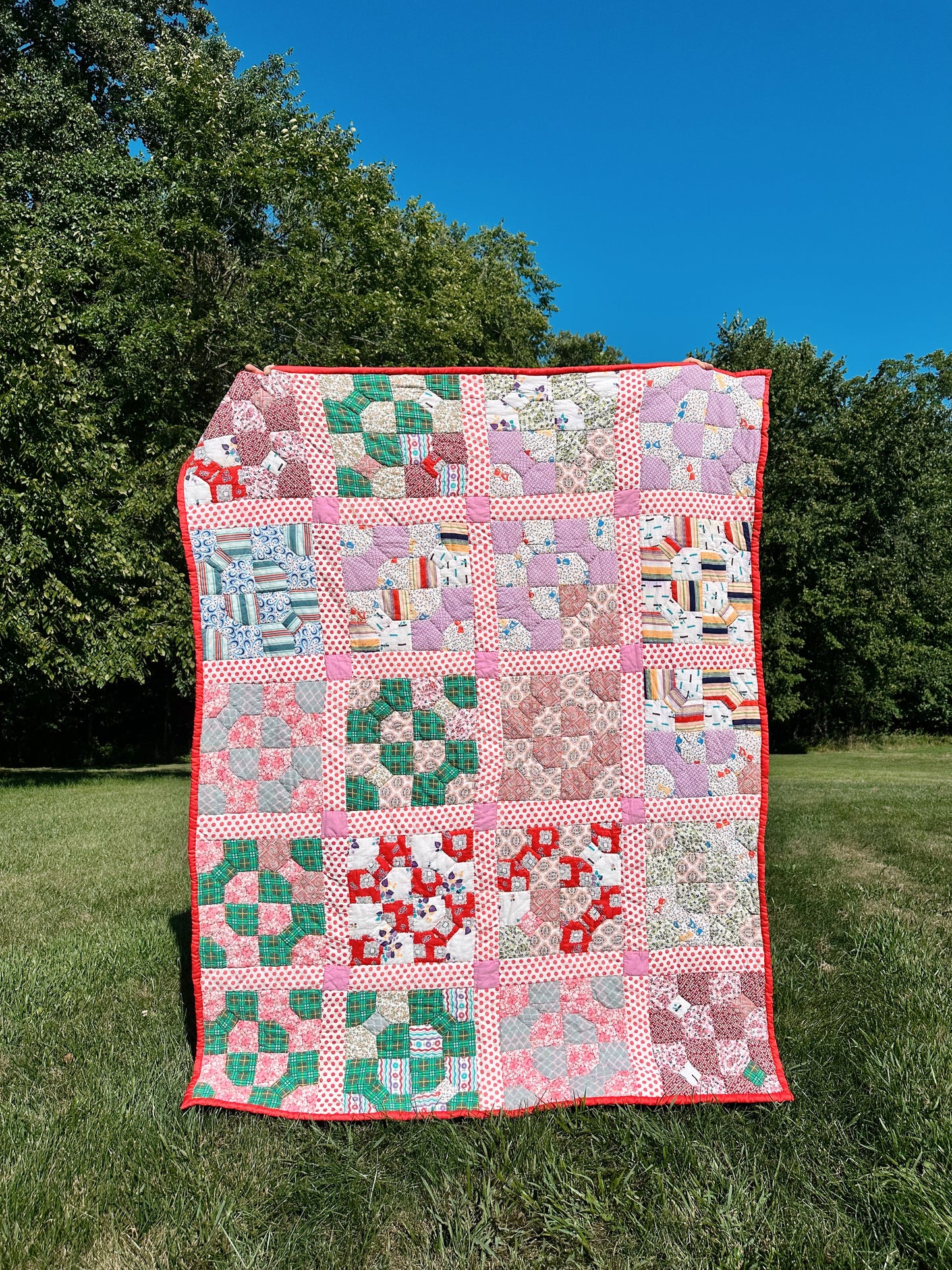 Hand Quilted Scrappy Cotton Quilt, Snowball & Bow Tie Variation