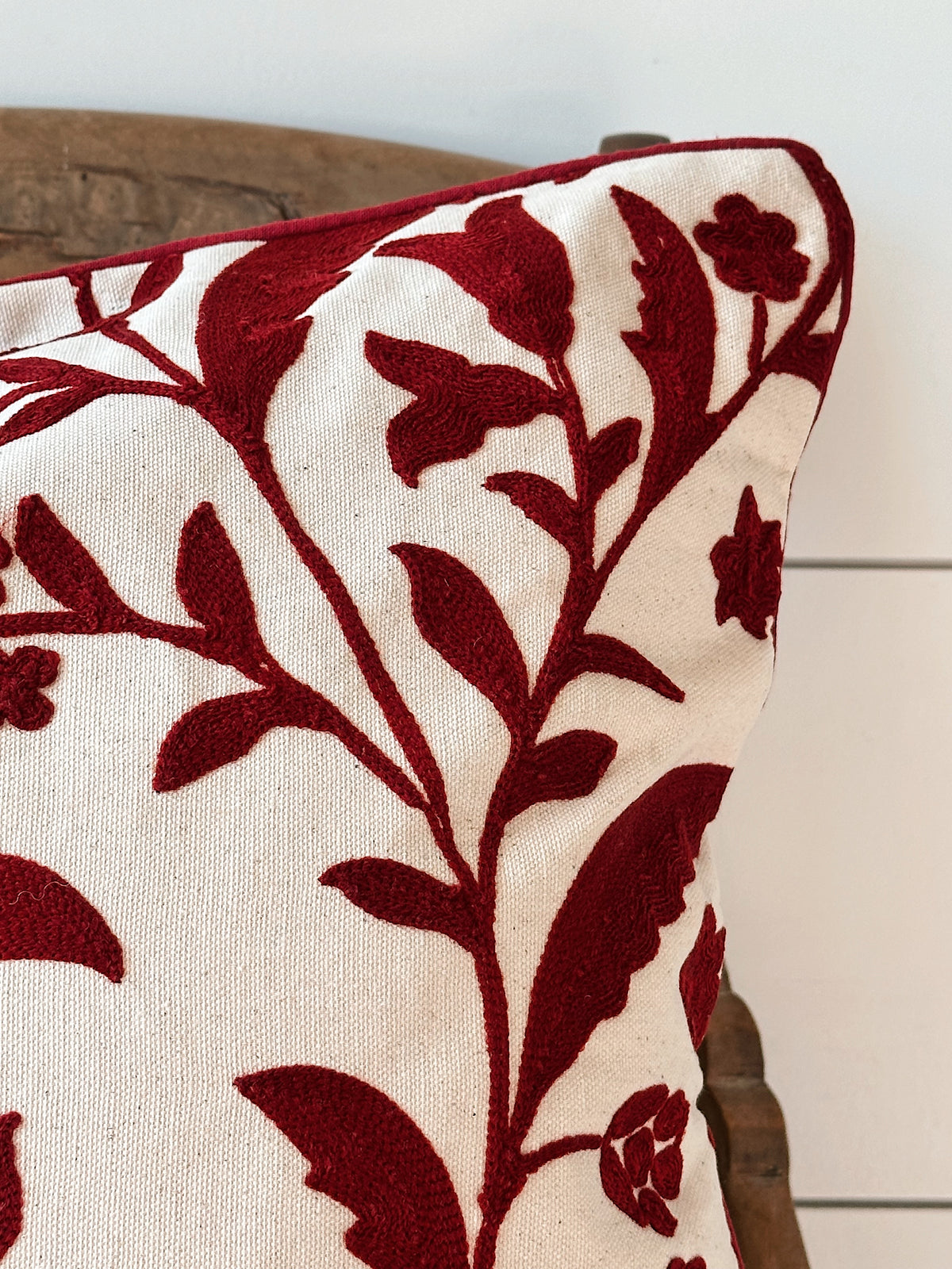 Ruby Red Crewelwork Floral Pillow