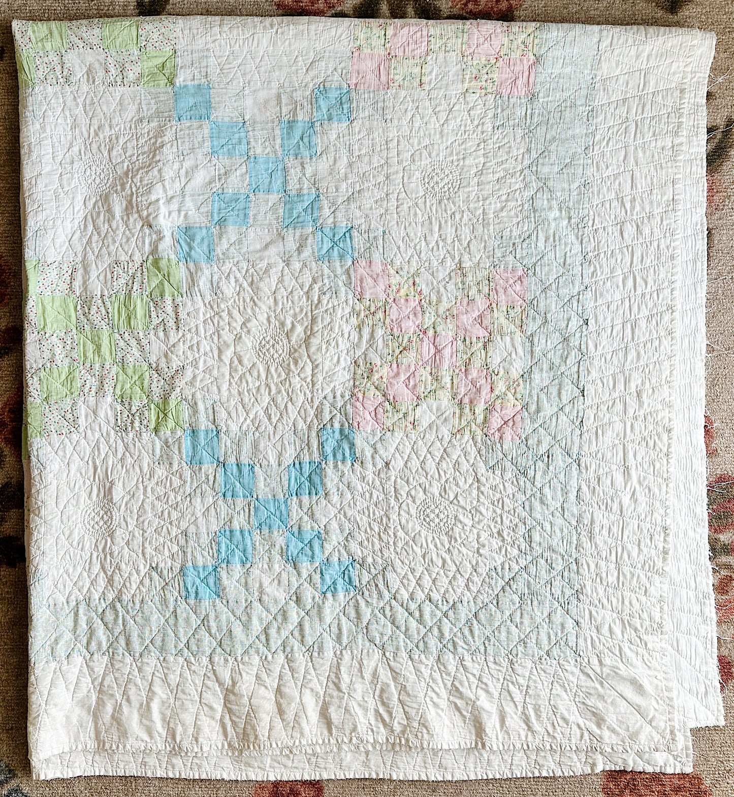 Vintage Hand Stitched Pastel Irish Chain Variation Quilt