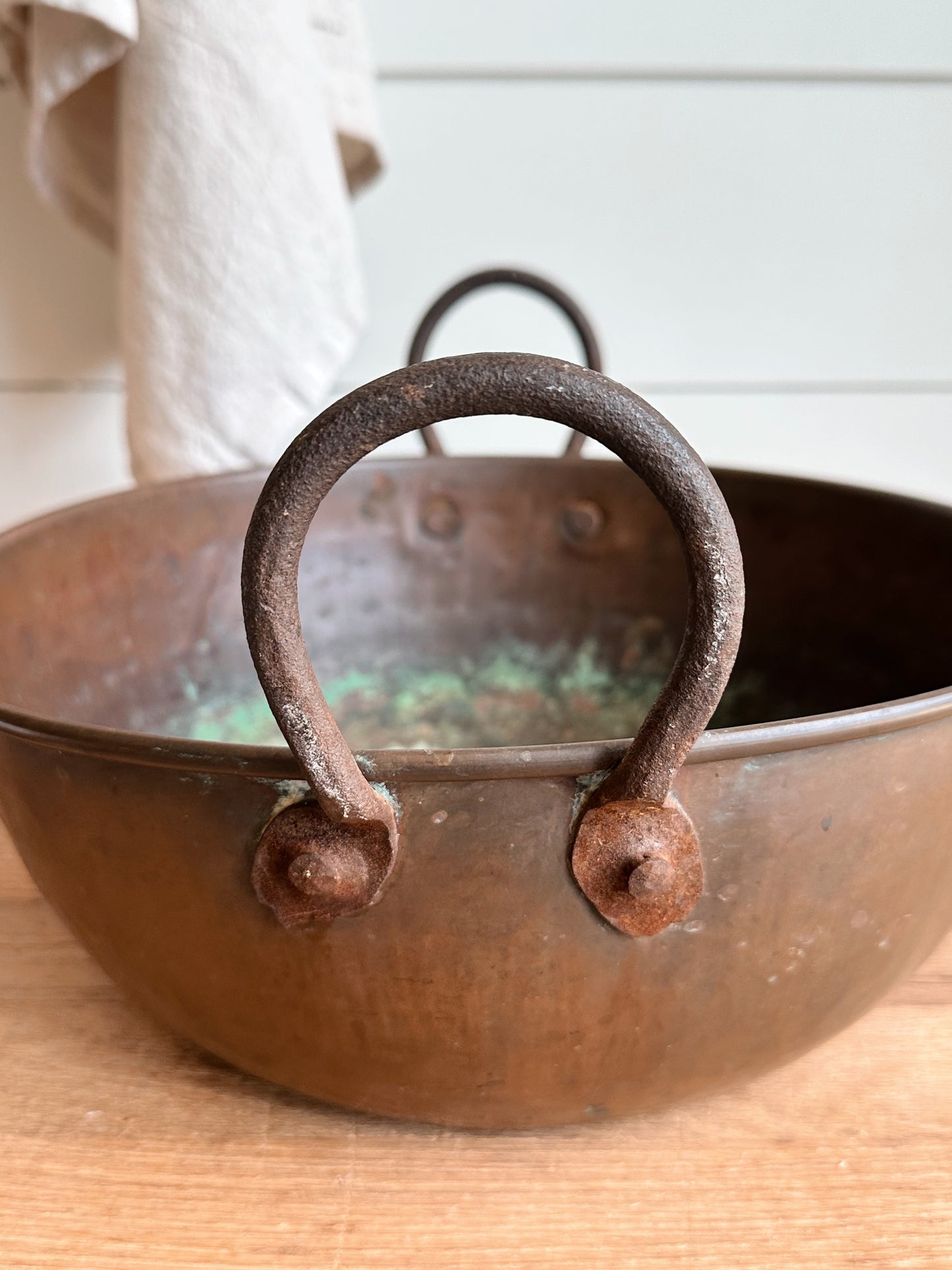 Antique Copper Mixing Bowl with Wrought Iron Handles, c. 1900