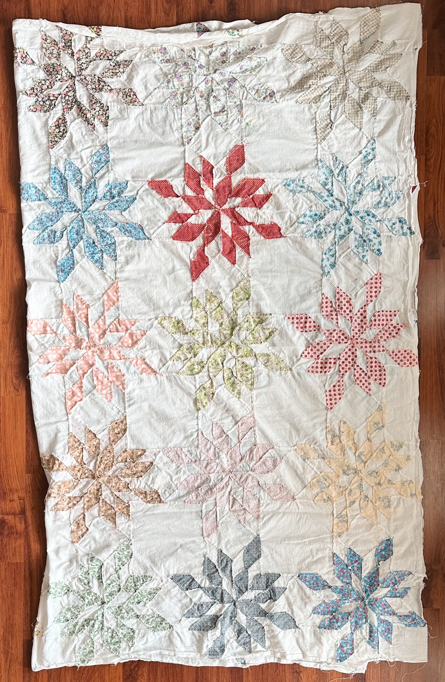 Vintage 1940s Hand-Pieced Star Quilt Top