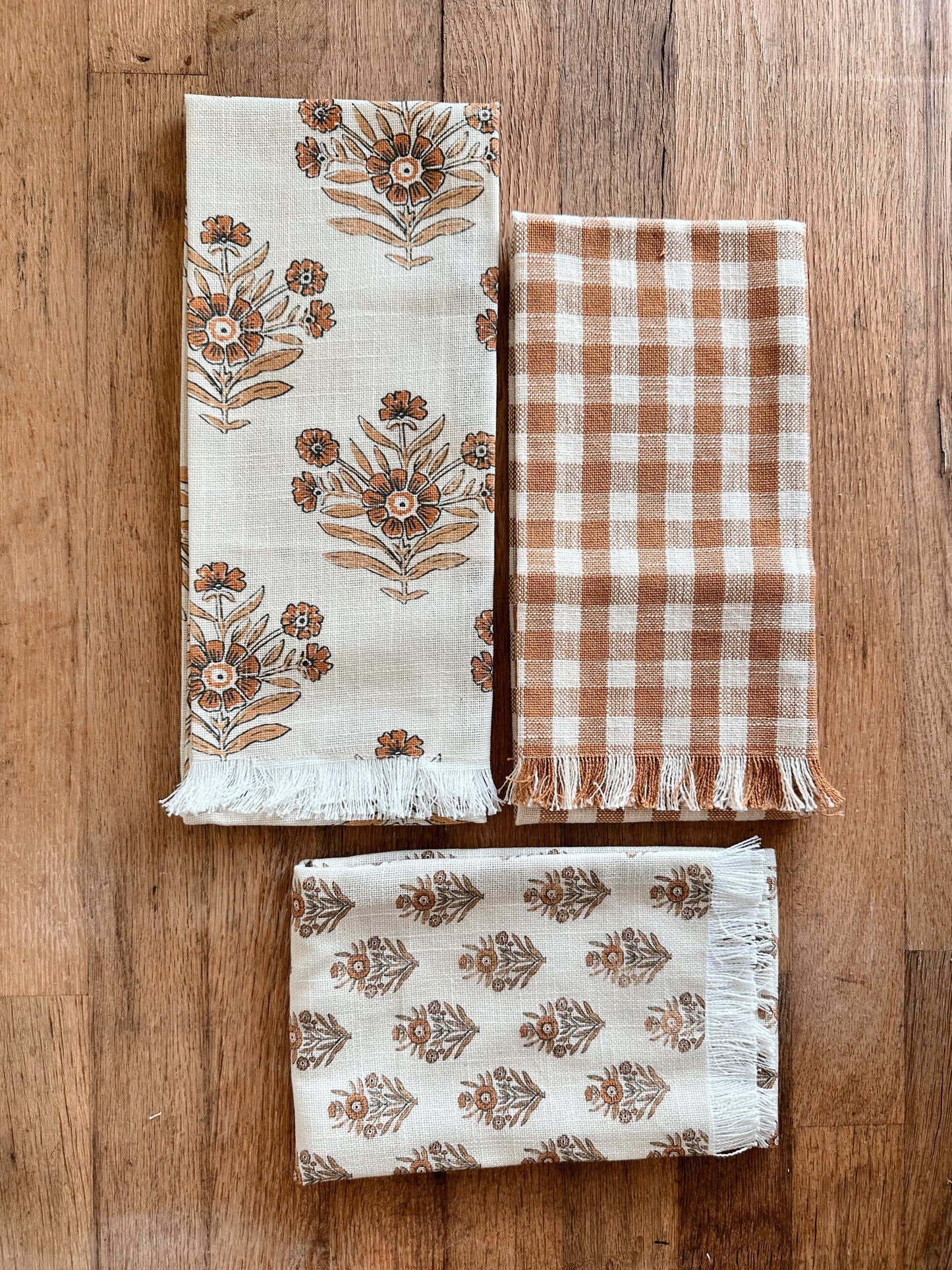 Set of Three Block Print and Gingham Tea Towels (pumpkin)
