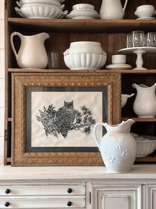 Beautiful Vintage Embroidered Owl in an Antique Frame