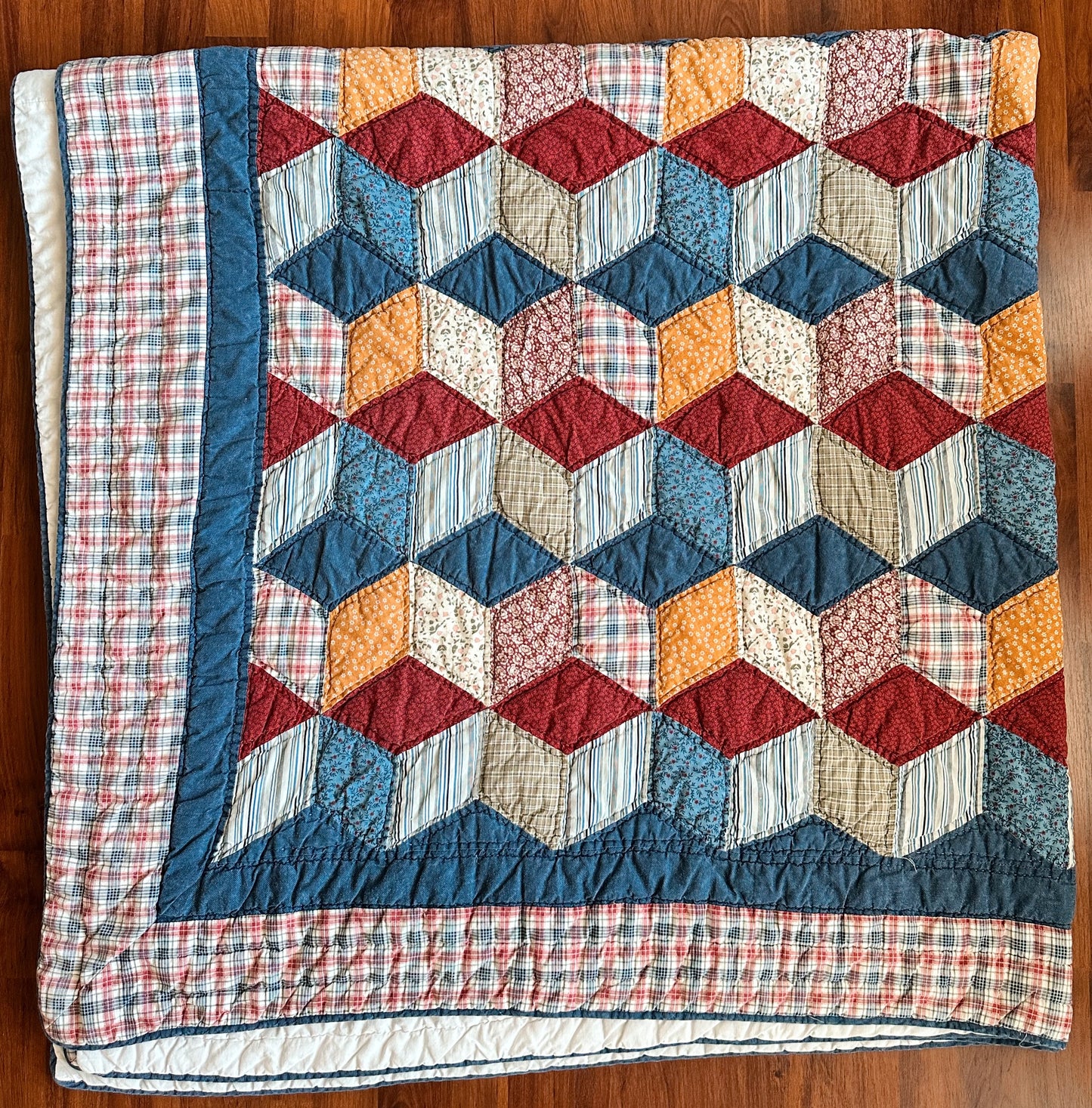 Vintage Hand Quilted Tumbling Blocks Quilt